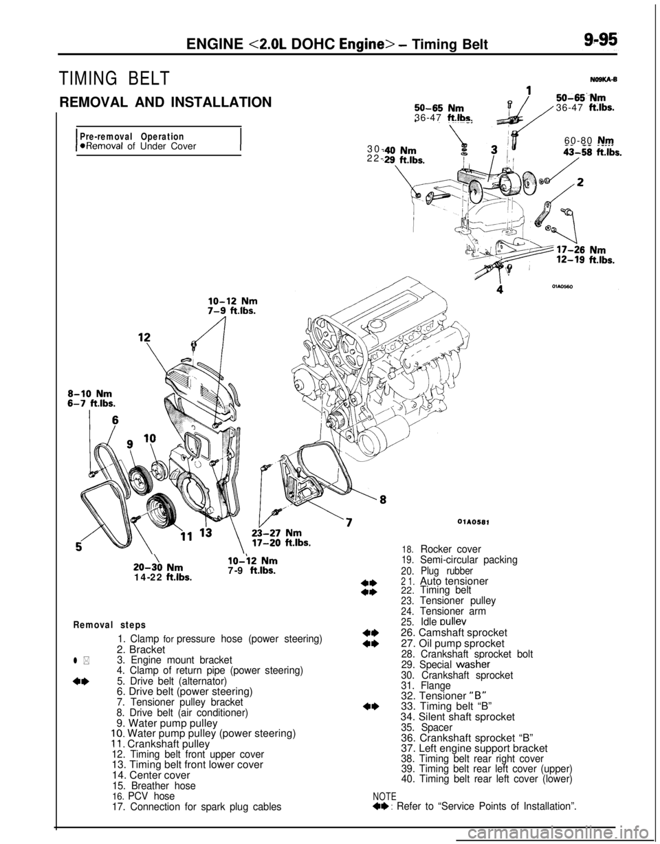 MITSUBISHI ECLIPSE 1991 User Guide ENGINE <2.0L DOHC Engine> - Timing Belt
TIMING BELT
REMOVAL AND INSTALLATION
I
Pre-removal Operation*Removal of Under Cover
I
50-65 Nm36-47 ft.lbs.
50-65“Nm36-47 ft:lbs.30-60-80
Nm22-20-3\0
Nm14-2 MITSUBISHI ECLIPSE 1991 User Guide ENGINE <2.0L DOHC Engine> - Timing Belt
TIMING BELT
REMOVAL AND INSTALLATION
I
Pre-removal Operation*Removal of Under Cover
I
50-65 Nm36-47 ft.lbs.
50-65“Nm36-47 ft:lbs.30-60-80
Nm22-20-3\0
Nm14-2