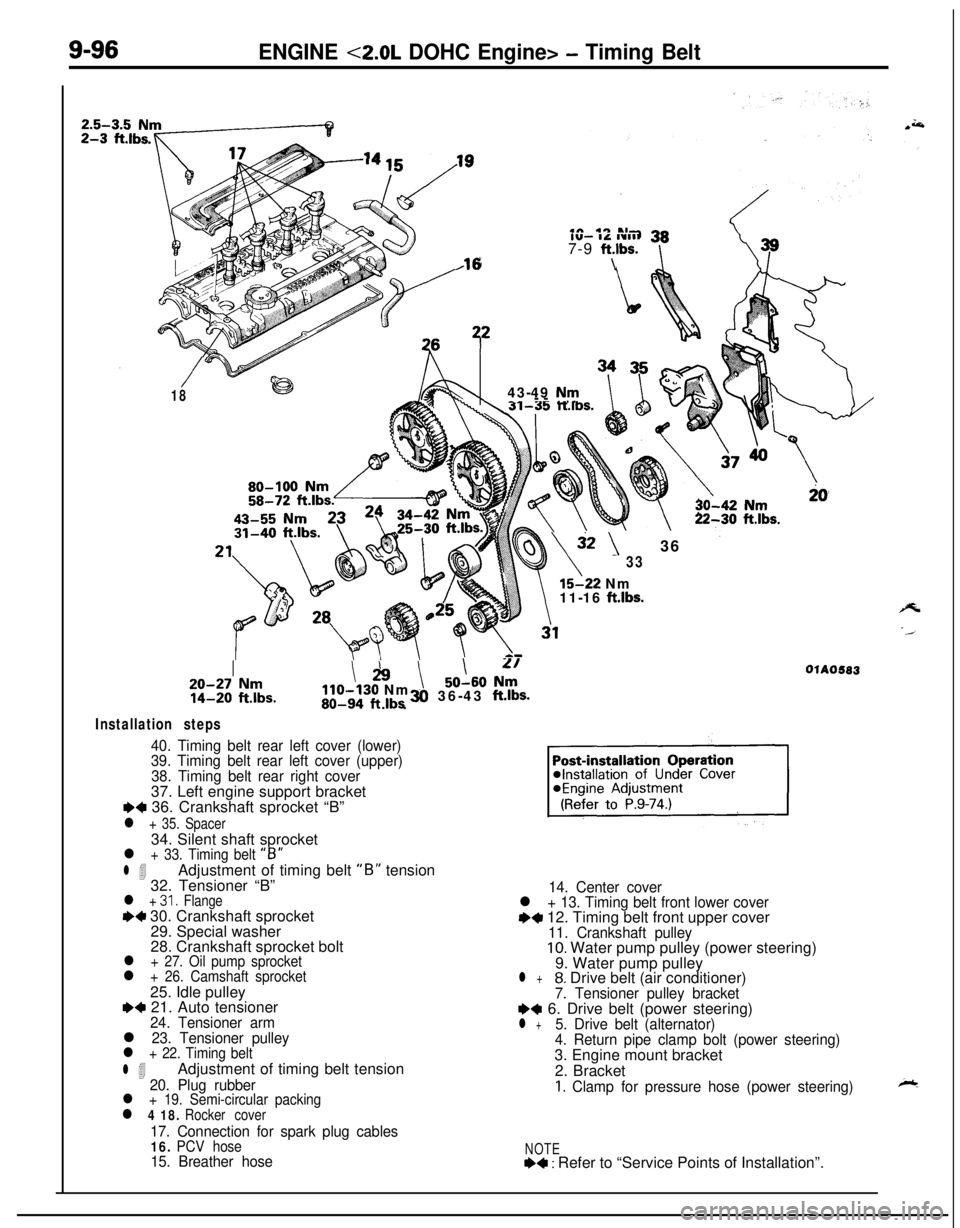 MITSUBISHI ECLIPSE 1991 User Guide 9-96ENGINE <2.0L DOHC Engine> - Timing Belt
116
/18
Iv- IL 1’11117-9 ftlbs.
\43-49
Nm-_---. . .
30-42 Nm$0
22-30 ftlbs.
\
j2 \ 36
33
15-22 Nm
11-16 ftlbs.
I20-27 Nm\h \
14-20 f&.lbs.110-130 Nm cI,6 MITSUBISHI ECLIPSE 1991 User Guide 9-96ENGINE <2.0L DOHC Engine> - Timing Belt
116
/18
Iv- IL 1’11117-9 ftlbs.
\43-49
Nm-_---. . .
30-42 Nm$0
22-30 ftlbs.
\
j2 \ 36
33
15-22 Nm
11-16 ftlbs.
I20-27 Nm\h \
14-20 f&.lbs.110-130 Nm cI,6