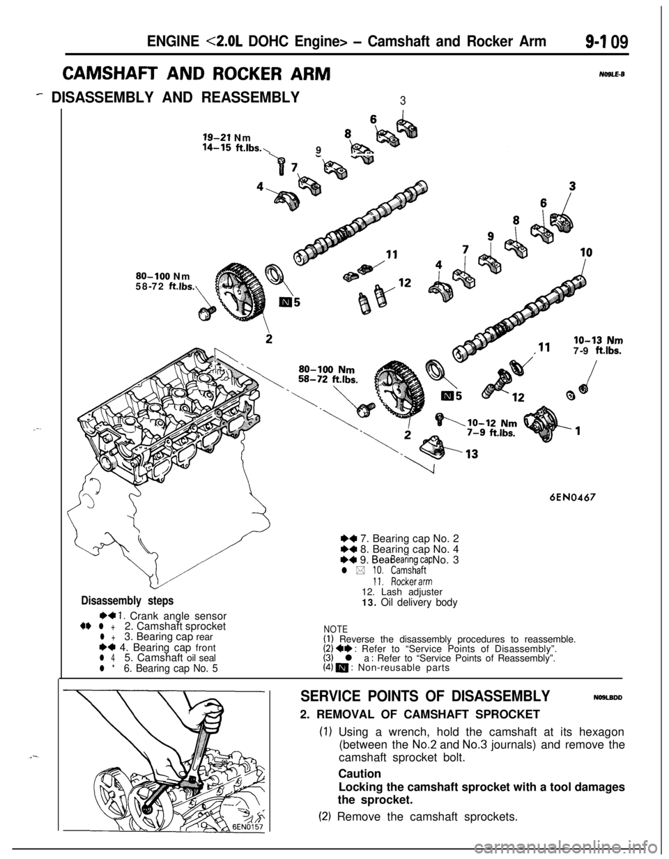 MITSUBISHI ECLIPSE 1991 Service Manual ENGINE <2.0L DOHC Engine> - Camshaft and Rocker Arm9-l 09
CAMSHAFT AND ROCKER ARMNo9LE-B
- DISASSEMBLY AND REASSEMBLY3
19-21 Nm8,14-15 ftlbs.,9 IQ&”
80-100 Nm
58-72 ftlbs.
,11IO-13 Nm7-9 ftlbs.
6EN0 MITSUBISHI ECLIPSE 1991 Service Manual ENGINE <2.0L DOHC Engine> - Camshaft and Rocker Arm9-l 09
CAMSHAFT AND ROCKER ARMNo9LE-B
- DISASSEMBLY AND REASSEMBLY3
19-21 Nm8,14-15 ftlbs.,9 IQ&”
80-100 Nm
58-72 ftlbs.
,11IO-13 Nm7-9 ftlbs.
6EN0