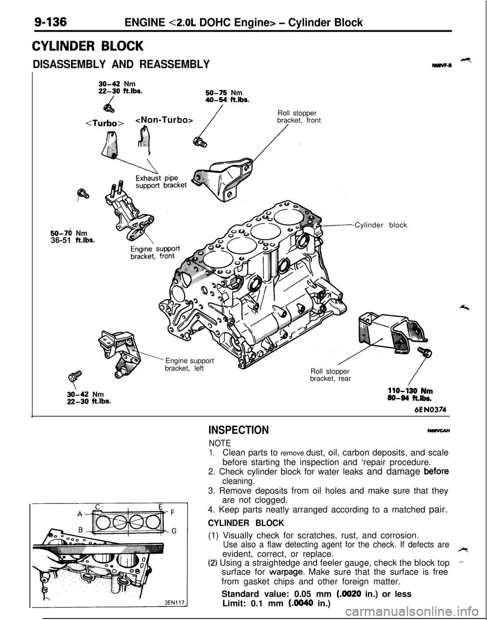 MITSUBISHI ECLIPSE 1991 User Guide 9-136ENGINE <2.0L DOHC Engine> - Cylinder Block
CYLINDER BLOCK
DISASSEMBLY AND REASSEMBLY,+Ymaw-030-42 Nm22-30 ft.lbs.
/50-75 Nm40-54 ft.lbs.
4a<Non-Turbo>
<T7! o
/
r.‘?’
’ cRoll stopper
bracket MITSUBISHI ECLIPSE 1991 User Guide 9-136ENGINE <2.0L DOHC Engine> - Cylinder Block
CYLINDER BLOCK
DISASSEMBLY AND REASSEMBLY,+Ymaw-030-42 Nm22-30 ft.lbs.
/50-75 Nm40-54 ft.lbs.
4a<Non-Turbo>
<T7! o
/
r.‘?’
’ cRoll stopper
bracket
