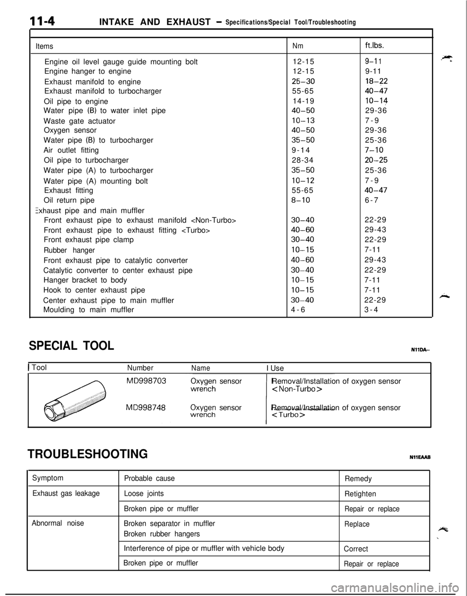 MITSUBISHI ECLIPSE 1991  Service Manual 11-4INTAKE AND EXHAUST- Specifications/Special Tool/Troubleshooting
ItemsEngine oil level gauge guide mounting bolt
Engine hanger to engine
Exhaust manifold to engine
Exhaust manifold to turbocharger
