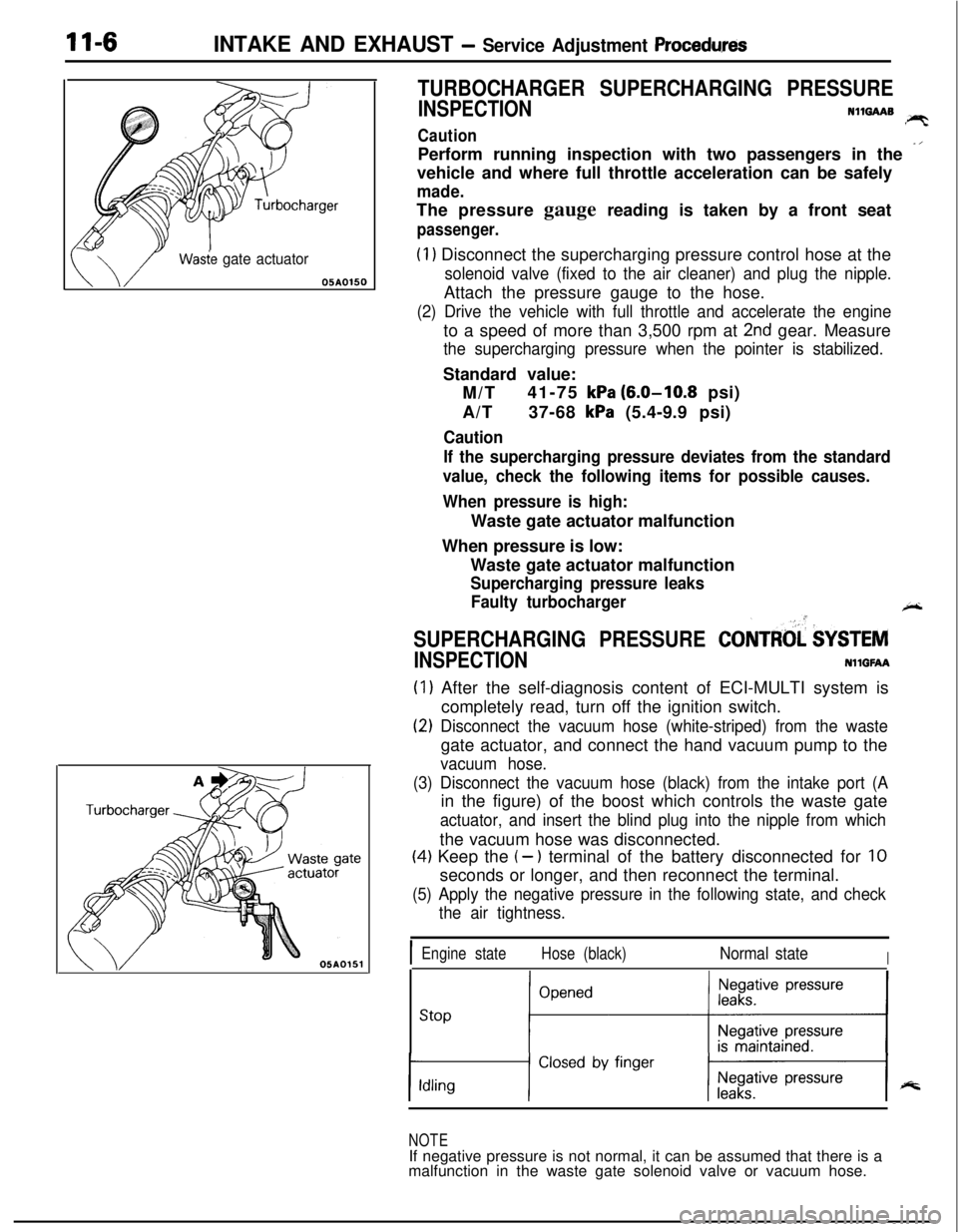 MITSUBISHI ECLIPSE 1991 Service Manual 11-6INTAKE AND EXHAUST - Service Adjustment Procedwes
Wasie gate actuator05AOlSO
TURBOCHARGER SUPERCHARGING PRESSURE
INSPECTIONN1mAAB!PTCautionPerform running inspection with two passengers in the
-â MITSUBISHI ECLIPSE 1991 Service Manual 11-6INTAKE AND EXHAUST - Service Adjustment Procedwes
Wasie gate actuator05AOlSO
TURBOCHARGER SUPERCHARGING PRESSURE
INSPECTIONN1mAAB!PTCautionPerform running inspection with two passengers in the
-â