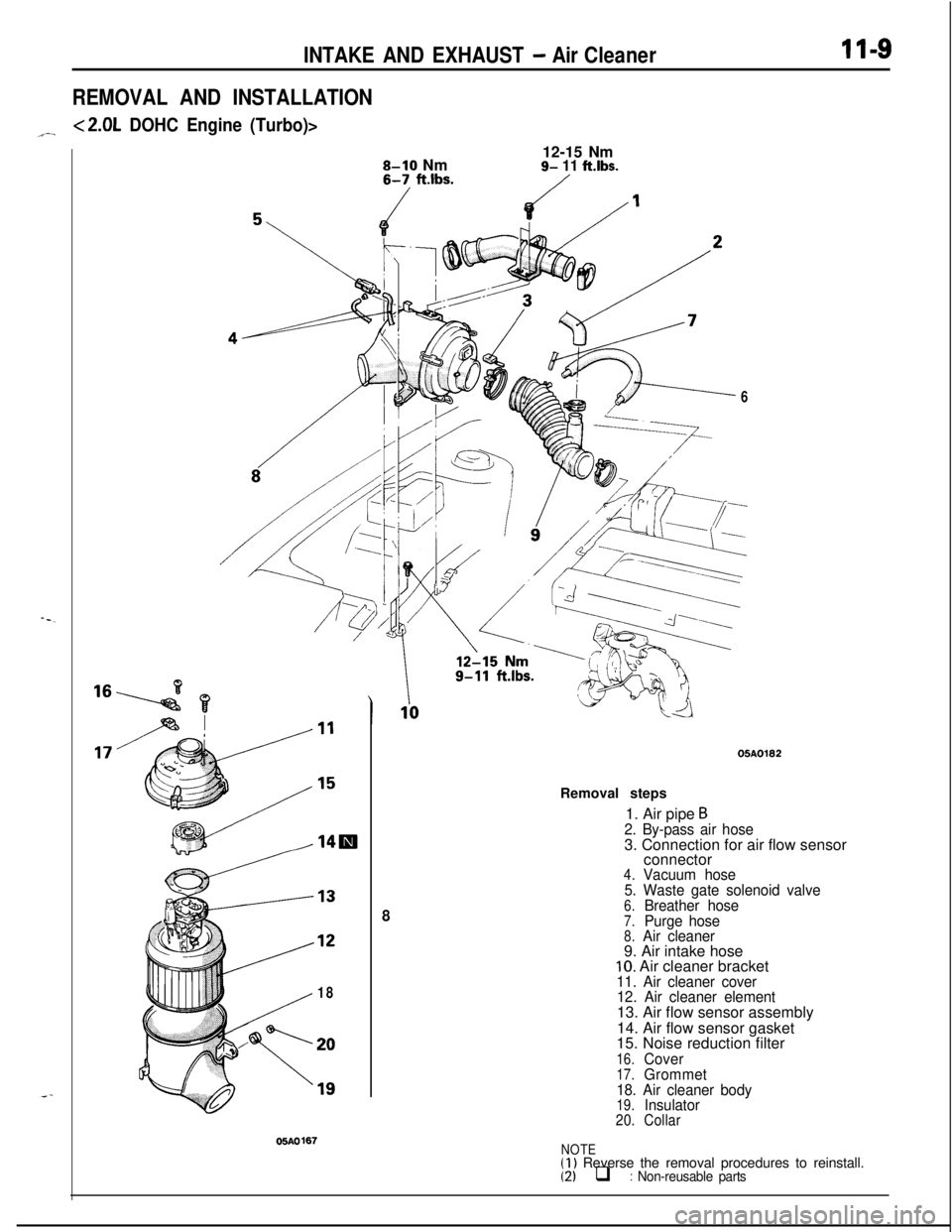 MITSUBISHI ECLIPSE 1991 Service Manual INTAKE AND EXHAUST - Air Cleaner
REMOVAL AND INSTALLATION
<2.0L DOHC Engine (Turbo)>
II-S
8-10 Nm6-7, ft.lbs.12-15 Nm9- 11 ftlbs.
/
8
18
05AO167
605A0182
Removal steps
1. Air pipe
B2. By-pass air hos MITSUBISHI ECLIPSE 1991 Service Manual INTAKE AND EXHAUST - Air Cleaner
REMOVAL AND INSTALLATION
<2.0L DOHC Engine (Turbo)>
II-S
8-10 Nm6-7, ft.lbs.12-15 Nm9- 11 ftlbs.
/
8
18
05AO167
605A0182
Removal steps
1. Air pipe
B2. By-pass air hos