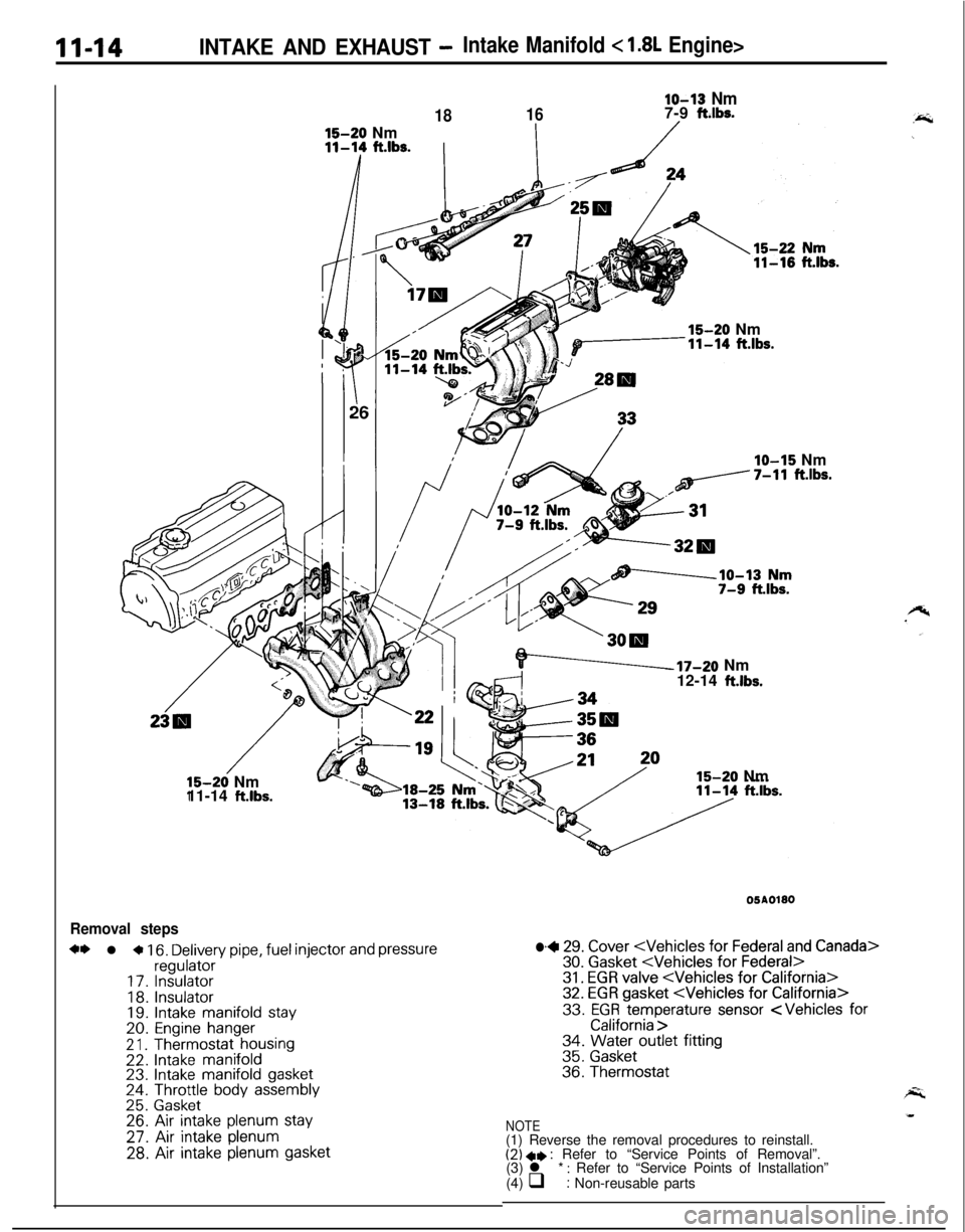 MITSUBISHI ECLIPSE 1991 Service Manual II-14INTAKE AND EXHAUST -Intake Manifold < 1.8L Engine>
/15-20 Nm
11-14
ft.lbs.
lo-13 Nm
18167-9 ft.lbs.15-20 Nm11-14
ft.lbs.I/15-20 Nm
I26IO-15 Nm7-11
ftm’bs.
-17-20 Nm
12-14 ft.lbs.15-20 Nm
Rem MITSUBISHI ECLIPSE 1991 Service Manual II-14INTAKE AND EXHAUST -Intake Manifold < 1.8L Engine>
/15-20 Nm
11-14
ft.lbs.
lo-13 Nm
18167-9 ft.lbs.15-20 Nm11-14
ft.lbs.I/15-20 Nm
I26IO-15 Nm7-11
ftm’bs.
-17-20 Nm
12-14 ft.lbs.15-20 Nm
Rem