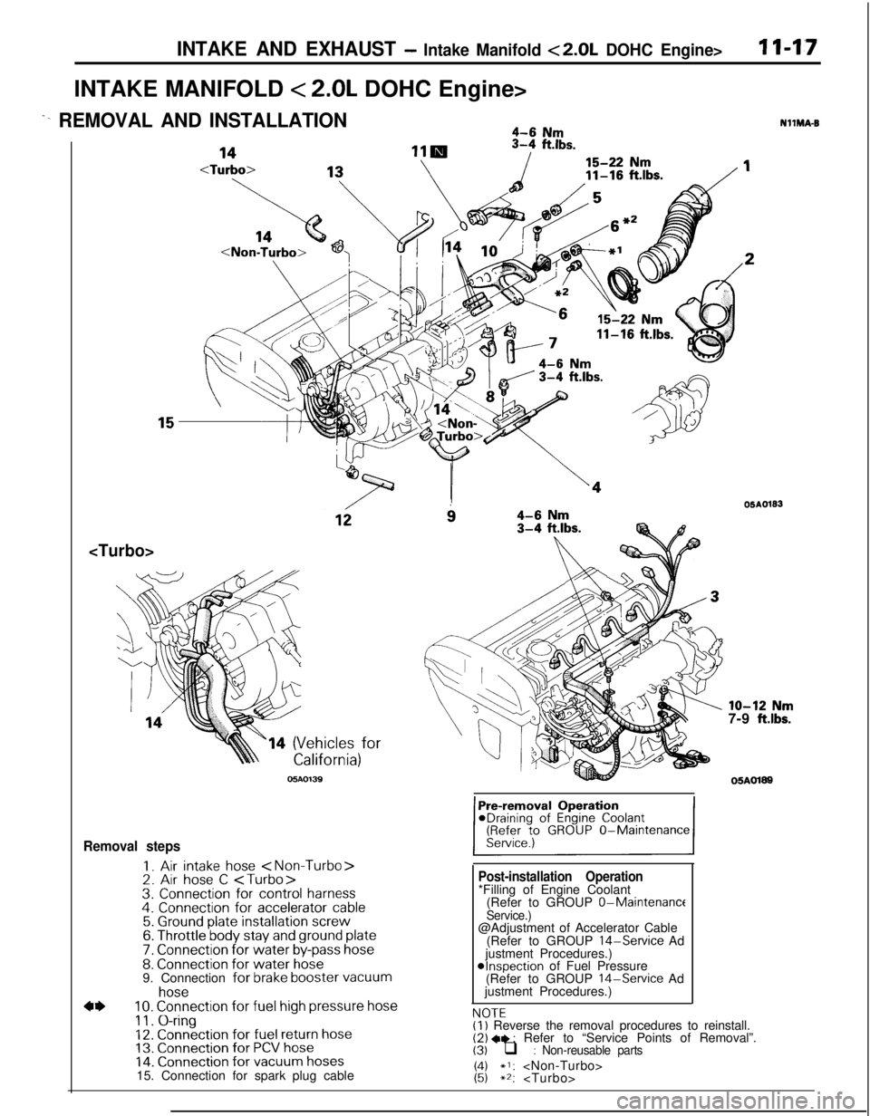 MITSUBISHI ECLIPSE 1991 Service Manual INTAKE AND EXHAUST - Intake Manifold <2.0L DOHC Engine>I I-1.7INTAKE MANIFOLD
< 2.0L DOHC Engine>
^- REMOVAL AND INSTALLATION4-6 Nm
<Turbo>11-16
ft.lbs.
14 (Vehicles for
05AO139
i34-6 Nm3-4 ftlbs.
R MITSUBISHI ECLIPSE 1991 Service Manual INTAKE AND EXHAUST - Intake Manifold <2.0L DOHC Engine>I I-1.7INTAKE MANIFOLD
< 2.0L DOHC Engine>
^- REMOVAL AND INSTALLATION4-6 Nm
<Turbo>11-16
ft.lbs.
14 (Vehicles for
05AO139
i34-6 Nm3-4 ftlbs.
R