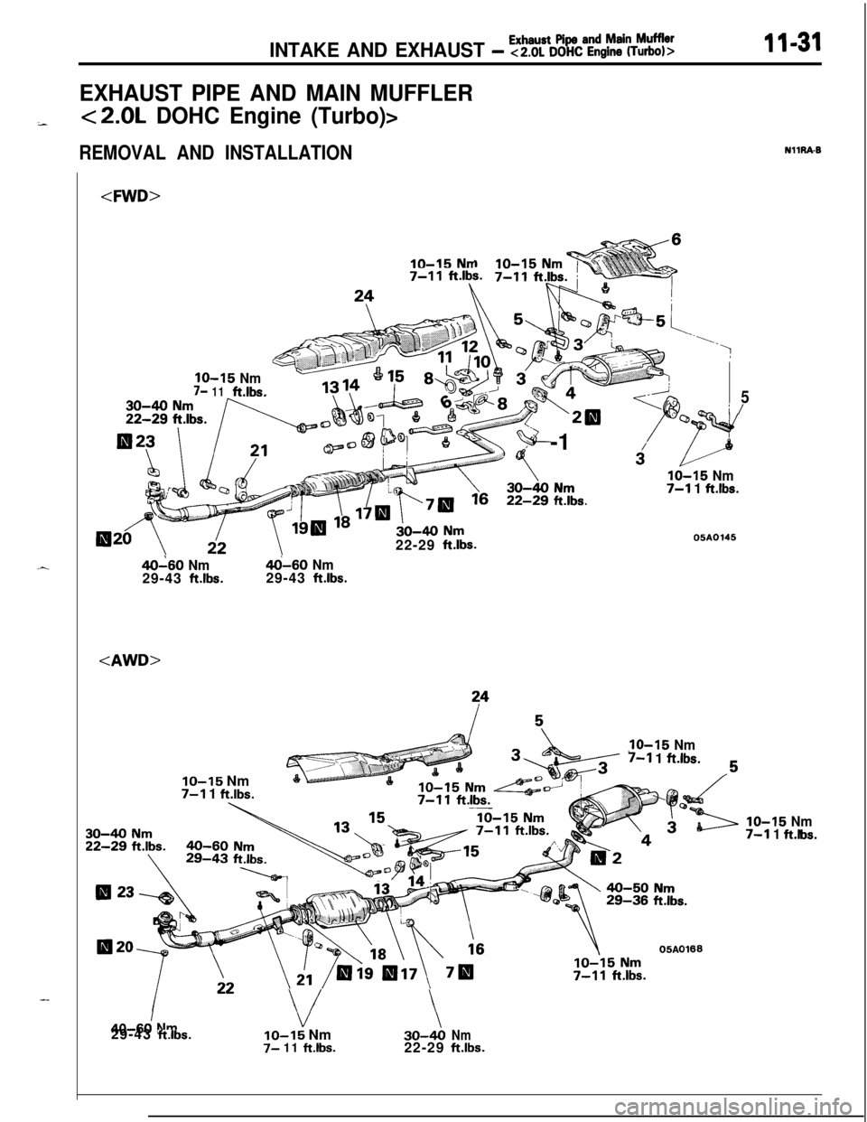 MITSUBISHI ECLIPSE 1991 Service Manual INTAKE AND EXHAUST - %%%%z~~:~?&!!!%11-31
EXHAUST PIPE AND MAIN MUFFLER
i<2.0L DOHC Engine (Turbo)>
REMOVAL AND INSTALLATIONNllRAB
_h..<FWD>
IO-15 NIT
5i /
IO-15 Nm7- 11ftlbs.22-29
ft.lbs.
40-60 NmG- MITSUBISHI ECLIPSE 1991 Service Manual INTAKE AND EXHAUST - %%%%z~~:~?&!!!%11-31
EXHAUST PIPE AND MAIN MUFFLER
i<2.0L DOHC Engine (Turbo)>
REMOVAL AND INSTALLATIONNllRAB
_h..<FWD>
IO-15 NIT
5i /
IO-15 Nm7- 11ftlbs.22-29
ft.lbs.
40-60 NmG-