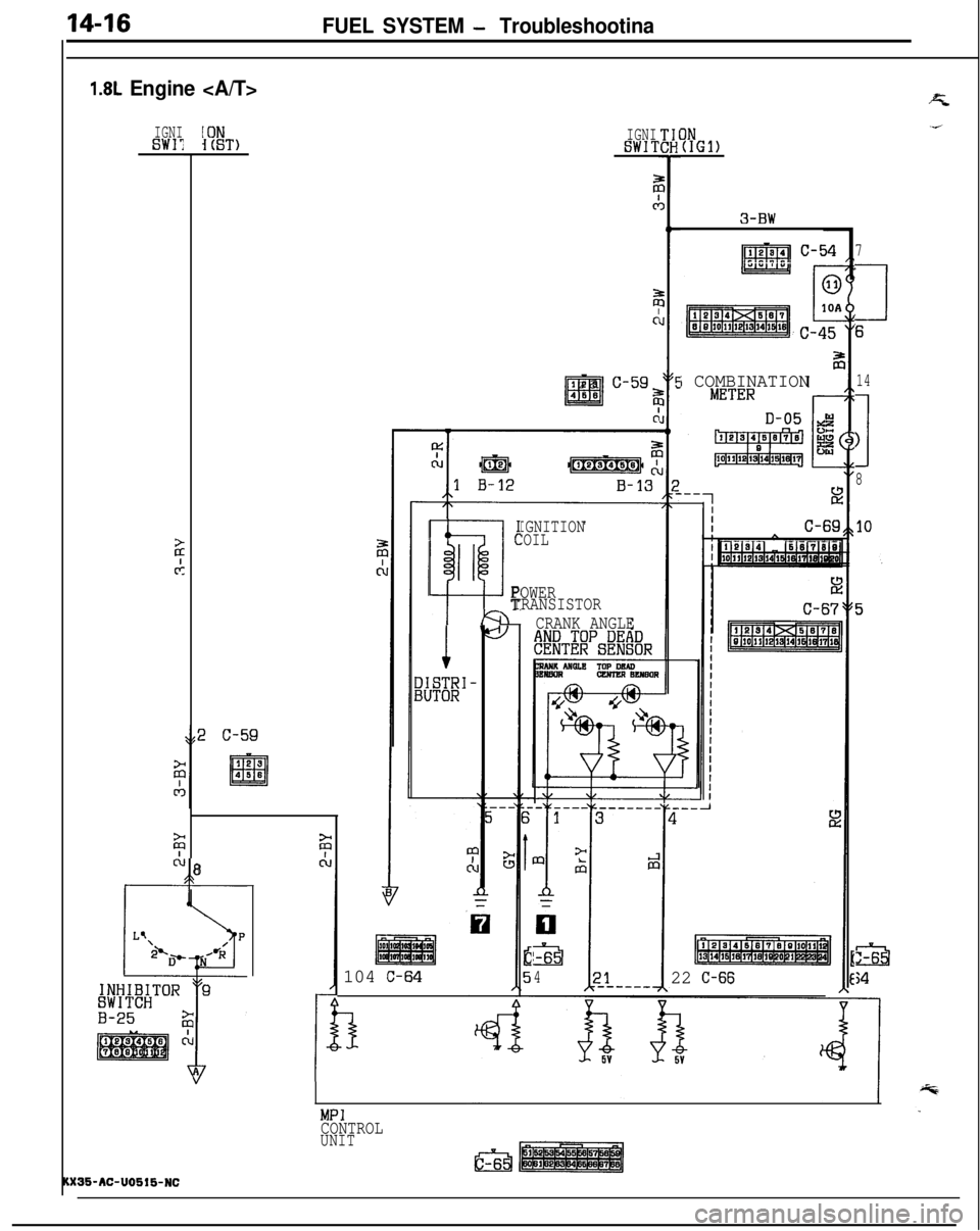 MITSUBISHI ECLIPSE 1991 Workshop Manual FUEL SYSTEM - Troubleshootina
1.8L Engine <A/T>
IGNISWIlIGNISWITJN(IGl)
3-BW
7
7
6
14
1
>
8
l-631
;4
i COMBINATION
30
c!
lEfBl
I 2 a C-59,4669@
IGNITION
COIL
7-POWER_ TRANSISTORFCRANK ANGLE
1-63
422 