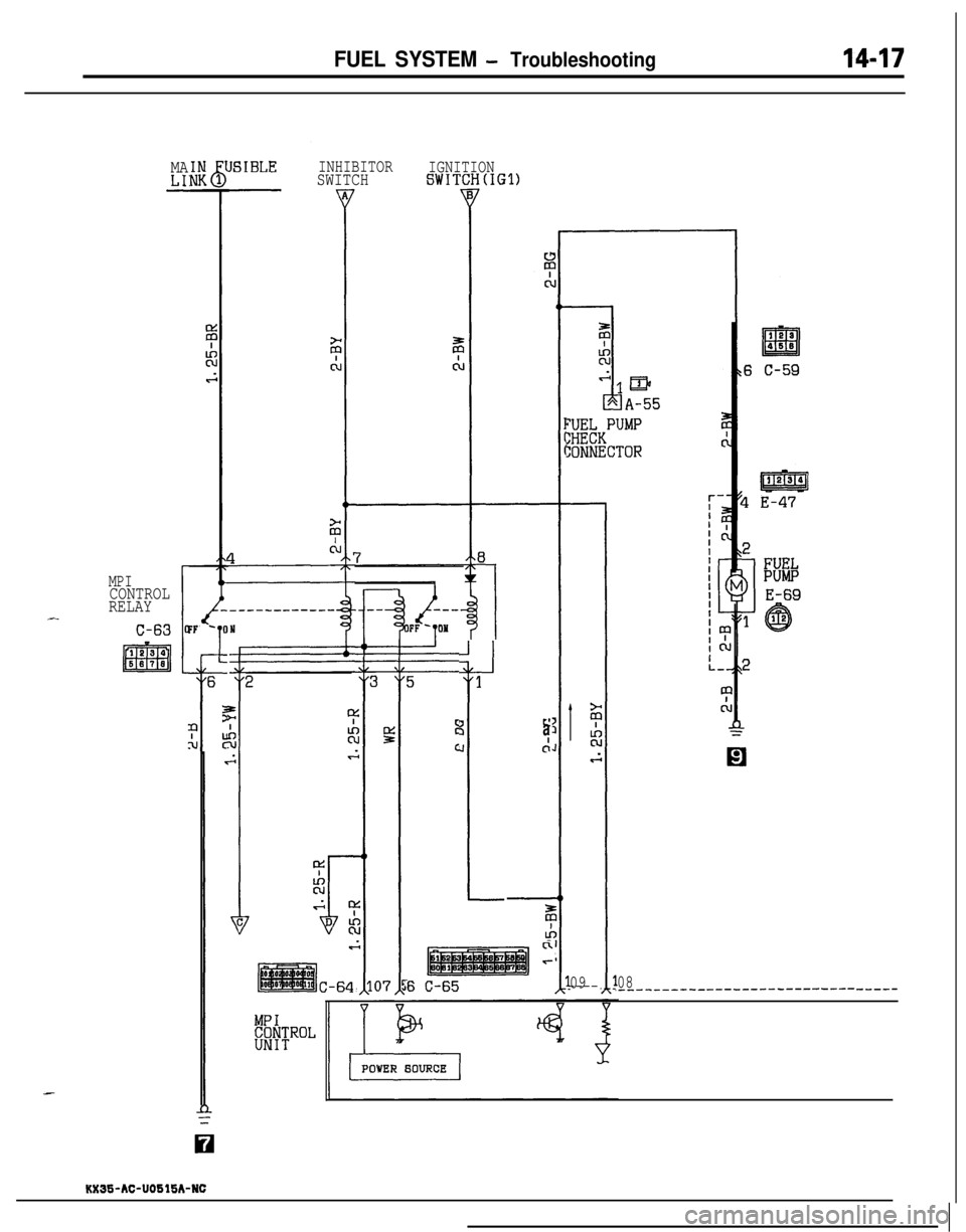 MITSUBISHI ECLIPSE 1991 Workshop Manual FUEL SYSTEM - Troubleshooting
INHIBITORSWITCHIGNITIONSWITCHtIGl)MALI:-
JSIBLE
FF- 0
I
;;;bKPUMP
:ONNECTOR
MPICONTROL
RELAY
J
1
3J
3
6
t?N
09----
ca
c:
C-64
c1r
6 C-6508,__-__--____--____-_------------