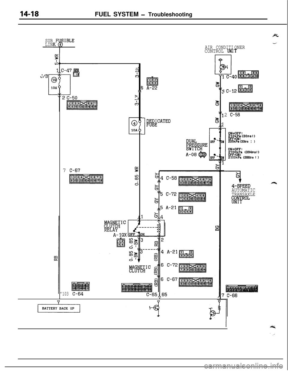 MITSUBISHI ECLIPSE 1991  Service Manual 14-18FUEL SYSTEM - Troubleshooting
SUBLINSIBLE1
aLTc:
@
10A7 
C-67!sIsd
3I
1
I/t
I
I
d
103C-64C-65.,65AIR CONDITI
CONTROL UN1ONERT
) c-12 :AEiEiEl
2 C-58
ONiOFF:210kPa(30Dsl)
8%&33,, I 1
ONiOFF:2700kP