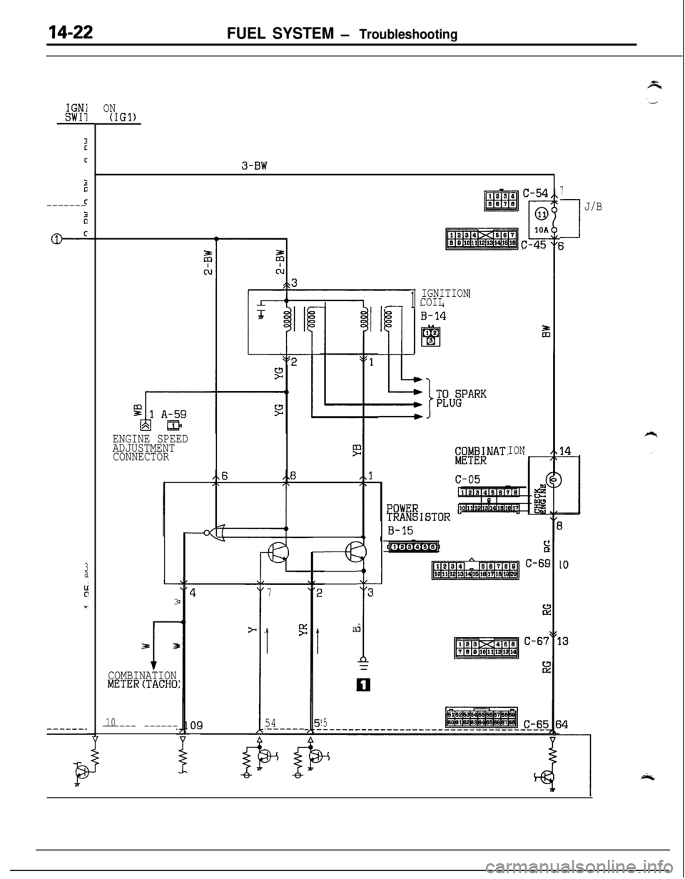 MITSUBISHI ECLIPSE 1991 Workshop Manual 14-22FUEL SYSTEM - Troubleshooting
IGNISW11
:c
c
30
C-------3
CiG
3
a
I
tir
------_
ON(IGl)
3-BW
7
1
J/B
c-45
ENGINE SPEED
ADJUSTMENT
CONNECTOR
1
IGNITION
1-COIL
-J
ION
B-15
r-+c
1
3
ia
3
6
5
c!P
C-69