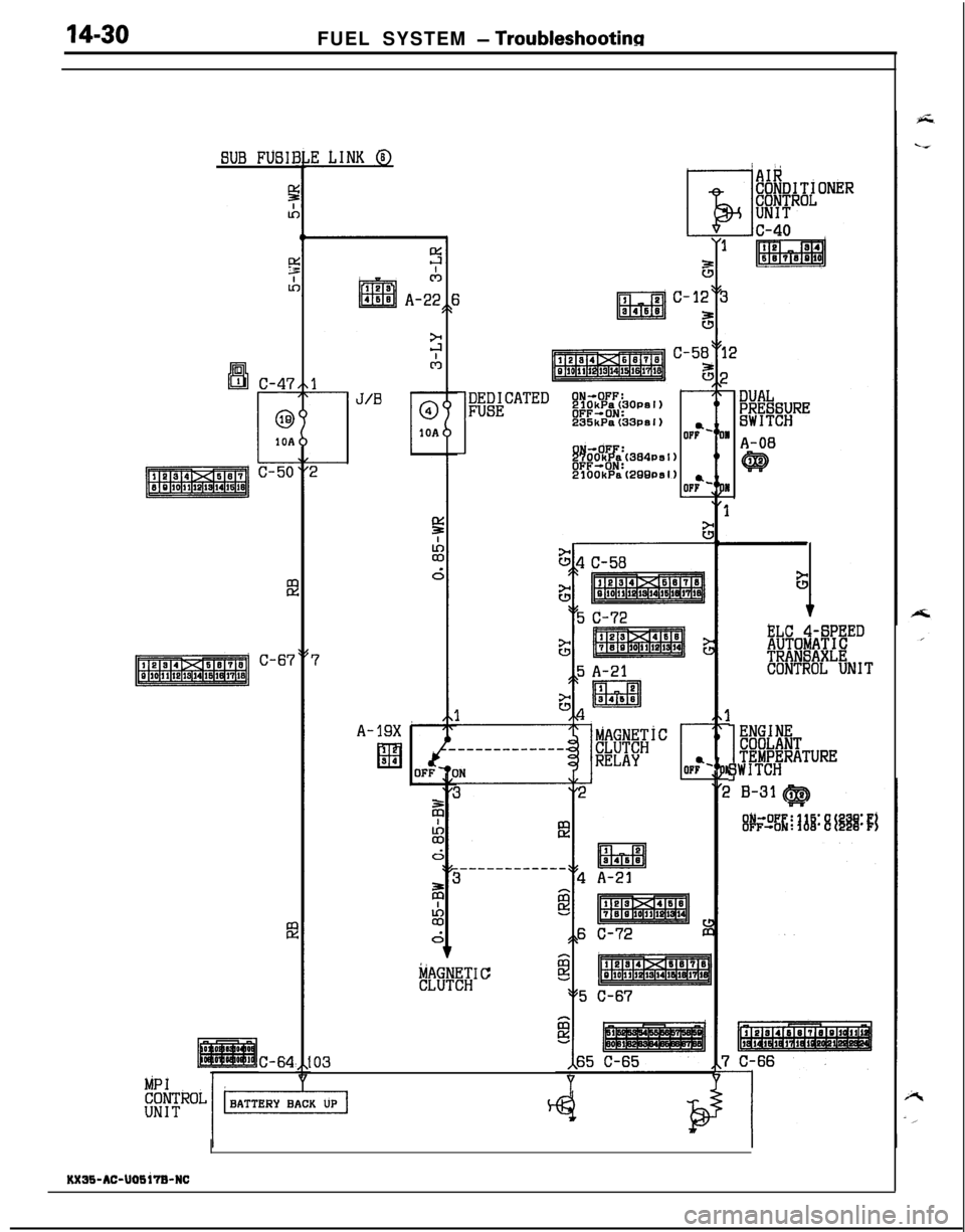 MITSUBISHI ECLIPSE 1991 Workshop Manual FUEL SYSTEM - Traubleshootinn
ZUB FUSII
c-50
103
ELC 4-SPEEDAUTOMATICTRANSAXLECONTROL UNIT
1
ENGINECOOLANTTEMPERATURESWITCH
ICQ
C-64
I
KX3S-AC-UOSi’7B-NC MITSUBISHI ECLIPSE 1991 Workshop Manual FUEL SYSTEM - Traubleshootinn
ZUB FUSII
c-50
103
ELC 4-SPEEDAUTOMATICTRANSAXLECONTROL UNIT
1
ENGINECOOLANTTEMPERATURESWITCH
ICQ
C-64
I
KX3S-AC-UOSi’7B-NC