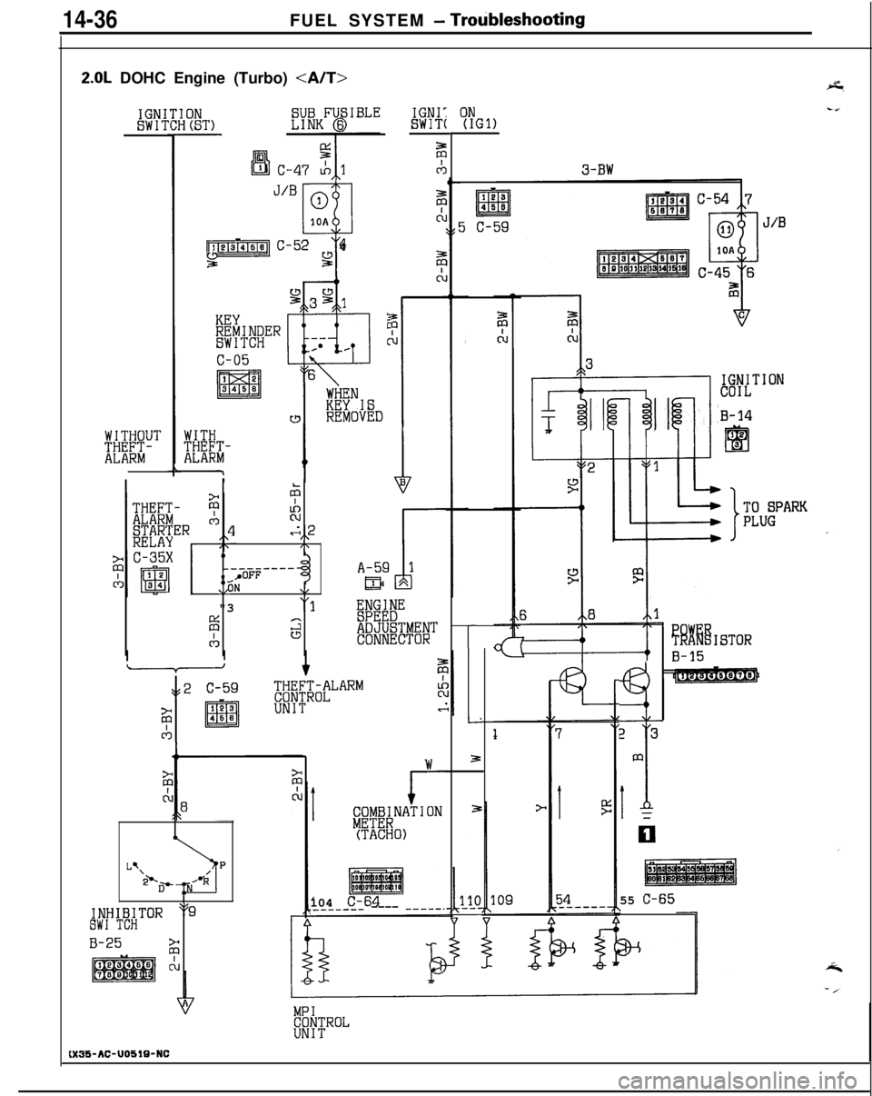 MITSUBISHI ECLIPSE 1991  Service Manual 14-36FUEL SYSTEM - Trotibleshooting
2.0L DOHC Engine (Turbo) <A/T>
ON(IGl)
3-BW
IGNI:SWIT(IGNISW17
WITHOUT
;TEE-
J/B010A
4
-1 C-52~ 4
3c
c
¶2
m3466
+
z
;I,,2I\II_---_----
,~>rJFF:)lANV"3
“1
ifi8
E