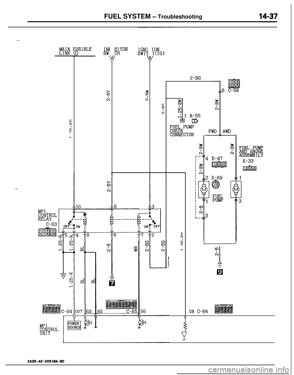 MITSUBISHI ECLIPSE 1991  Service Manual FUEL SYSTEM - Troubleshooting
MAINLINK(SIBLEINISW;&ITORIGNISWIT\
ION;1(IGl
2-BG122
bEEI088
5 c-59
FWD!%%KPUMPCONNECTORAWDr
E-69
1
@12
FUELPUMP
FUEL PUMPAND GAUGEASSEMBILY
E-33
pmq
1
)
1
\-
3
3
-
.08 C