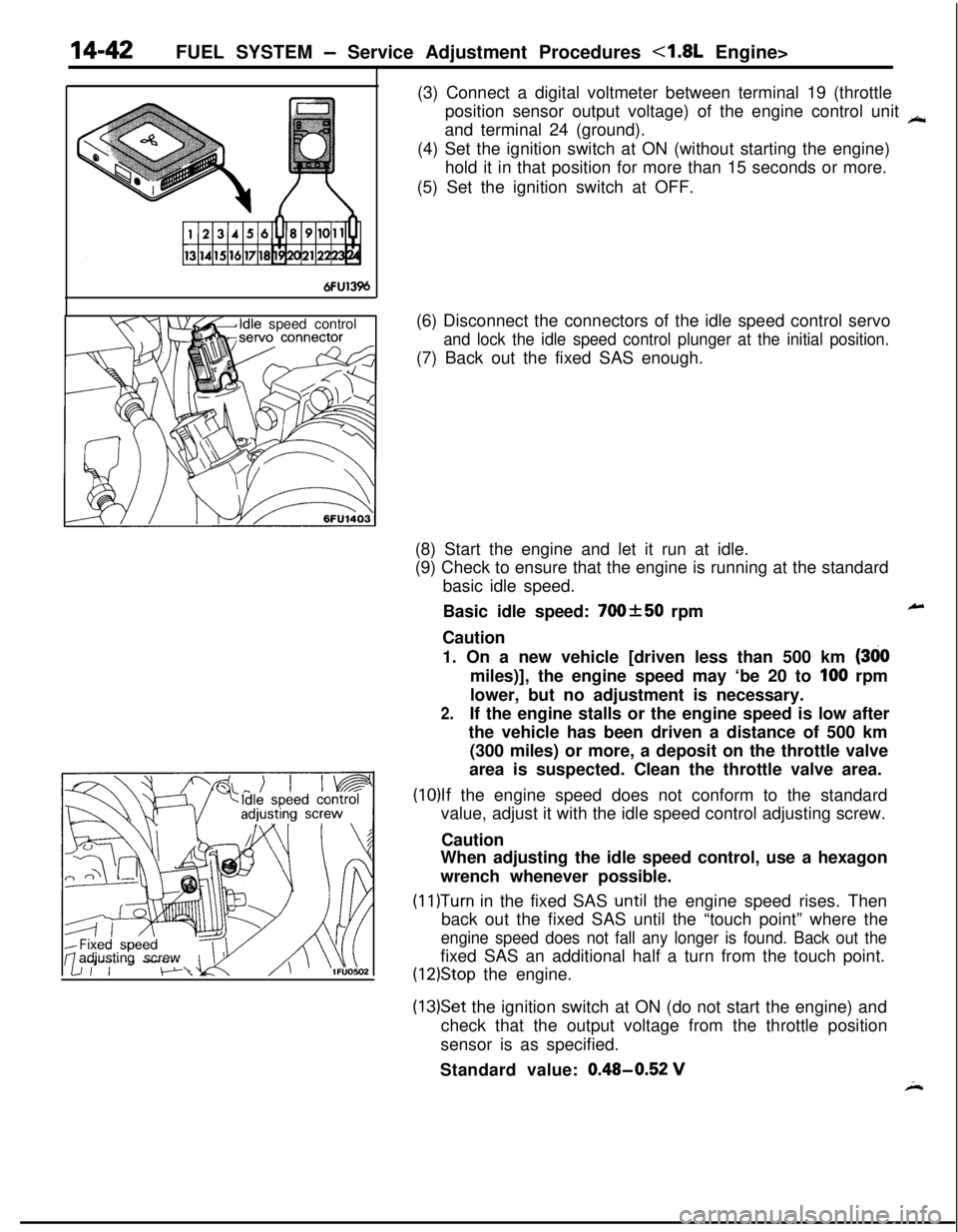 MITSUBISHI ECLIPSE 1991 User Guide 14-42FUEL SYSTEM - Service Adjustment Procedures C1.8L Engine>
6FU13%
Idle speed control
adjusting screw(3) Connect a digital voltmeter between terminal 19 (throttle
position sensor output voltage) of MITSUBISHI ECLIPSE 1991 User Guide 14-42FUEL SYSTEM - Service Adjustment Procedures C1.8L Engine>
6FU13%
Idle speed control
adjusting screw(3) Connect a digital voltmeter between terminal 19 (throttle
position sensor output voltage) of