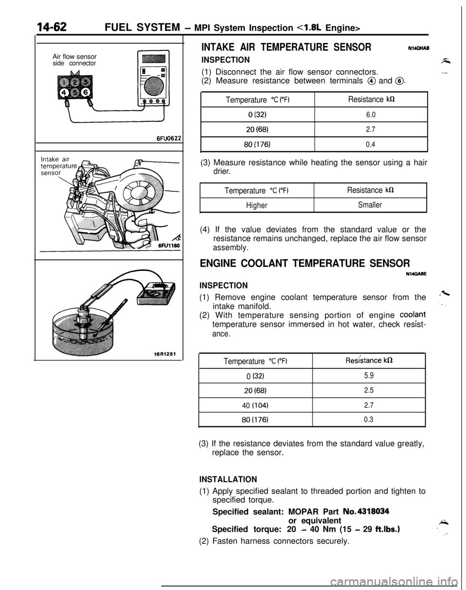 MITSUBISHI ECLIPSE 1991 Service Manual 14-62FUEL SYSTEM - MPI System Inspection <1.8L Engine>
INTAKE AIR TEMPERATURE SENSORNlmNABAir flow sensor
side connectorINSPECTION(1) Disconnect the air flow sensor connectors.
(2) Measure resistance MITSUBISHI ECLIPSE 1991 Service Manual 14-62FUEL SYSTEM - MPI System Inspection <1.8L Engine>
INTAKE AIR TEMPERATURE SENSORNlmNABAir flow sensor
side connectorINSPECTION(1) Disconnect the air flow sensor connectors.
(2) Measure resistance