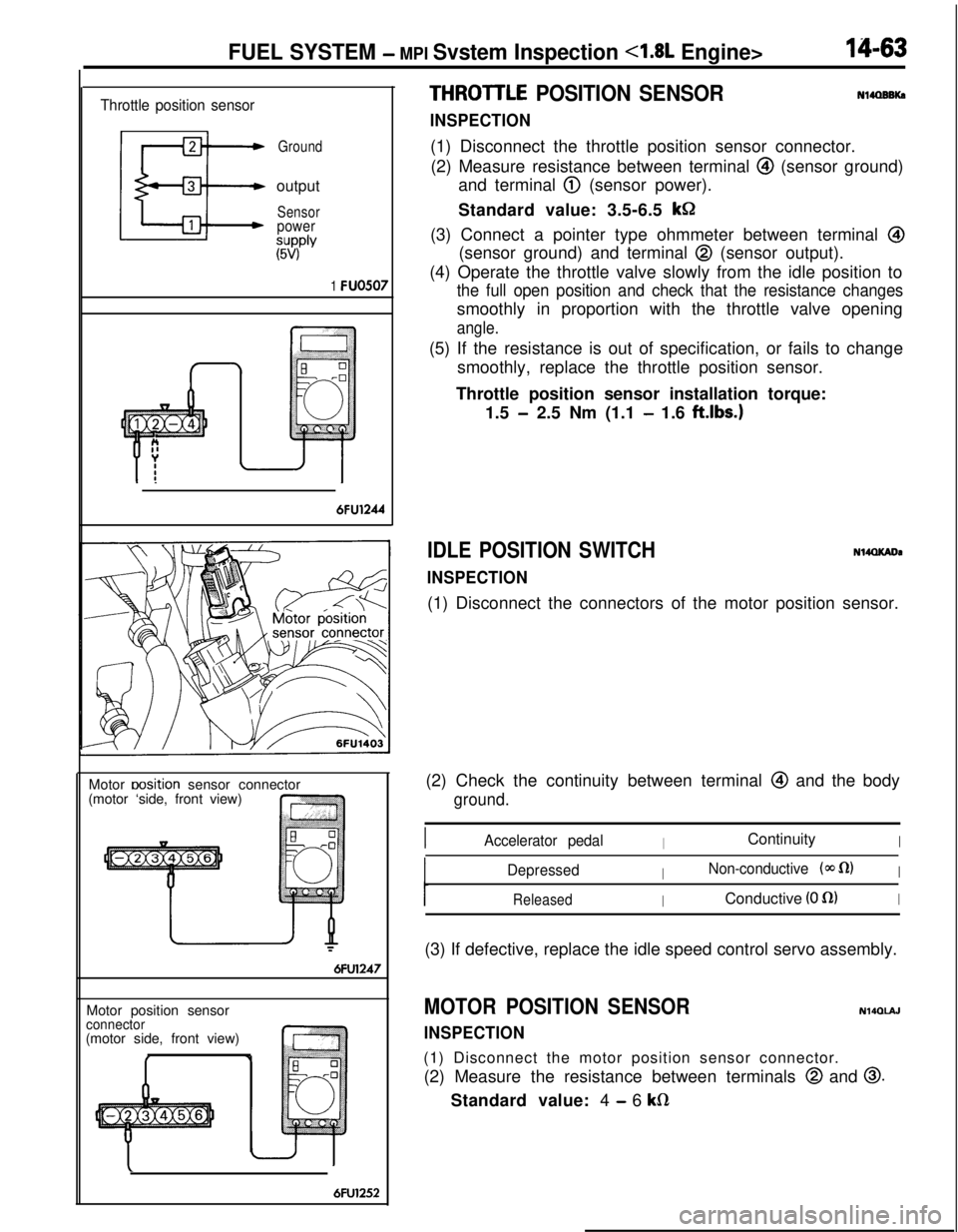 MITSUBISHI ECLIPSE 1991 Service Manual FUEL SYSTEM - MPI Svstem Inspection <1.8L Engine>18-63
Throttle position sensor
Groundoutput
Sensorpower
SUPPlY(5V)
1 FUO507
6FU1244Motor
Dosition sensor connector
(motor ‘side, front view)
T
6FU12 MITSUBISHI ECLIPSE 1991 Service Manual FUEL SYSTEM - MPI Svstem Inspection <1.8L Engine>18-63
Throttle position sensor
Groundoutput
Sensorpower
SUPPlY(5V)
1 FUO507
6FU1244Motor
Dosition sensor connector
(motor ‘side, front view)
T
6FU12