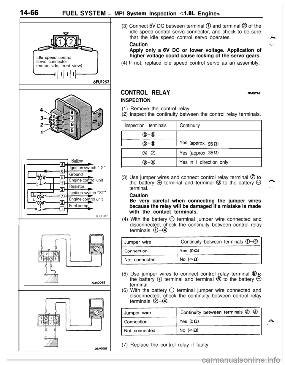 MITSUBISHI ECLIPSE 1991 Workshop Manual 14-66FUEL SYSTEM -MPI System Inspection 4.8L Engine>
6FU1253
-1 Batterv
I6FUO751
03AOO50
03AOO57(3) Connect
6V DC between terminal @ and terminal @ of the
idle speed control servo connector, and chec MITSUBISHI ECLIPSE 1991 Workshop Manual 14-66FUEL SYSTEM -MPI System Inspection 4.8L Engine>
6FU1253
-1 Batterv
I6FUO751
03AOO50
03AOO57(3) Connect
6V DC between terminal @ and terminal @ of the
idle speed control servo connector, and chec