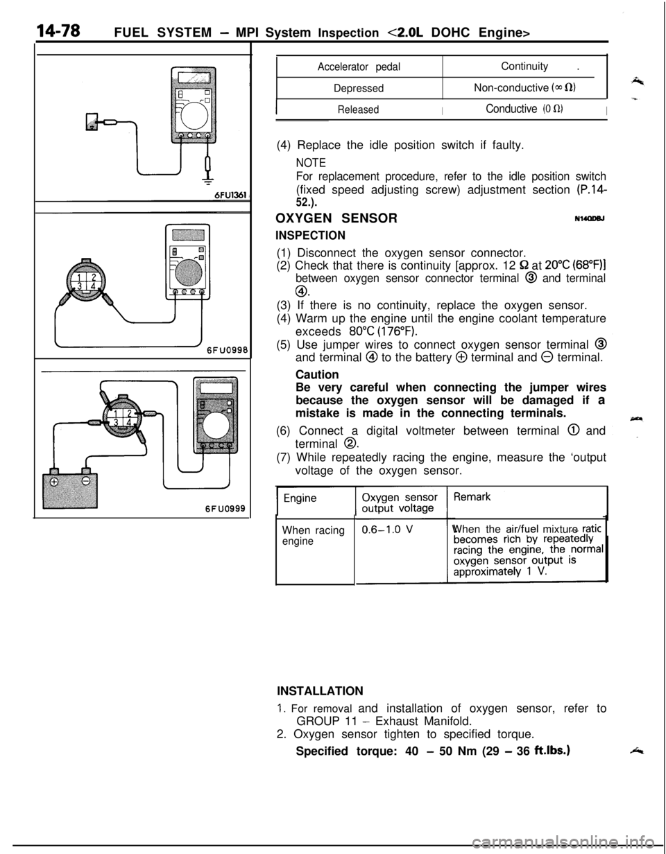 MITSUBISHI ECLIPSE 1991 Service Manual FUEL SYSTEM - MPI System Inspection <2.0L DOHC Engine>
6FUO999
Accelerator pedal
DepressedContinuity .
Non-conductive
(03 fl)
ReleasedIConductive (0 fl)I(4) Replace the idle position switch if faulty MITSUBISHI ECLIPSE 1991 Service Manual FUEL SYSTEM - MPI System Inspection <2.0L DOHC Engine>
6FUO999
Accelerator pedal
DepressedContinuity .
Non-conductive
(03 fl)
ReleasedIConductive (0 fl)I(4) Replace the idle position switch if faulty