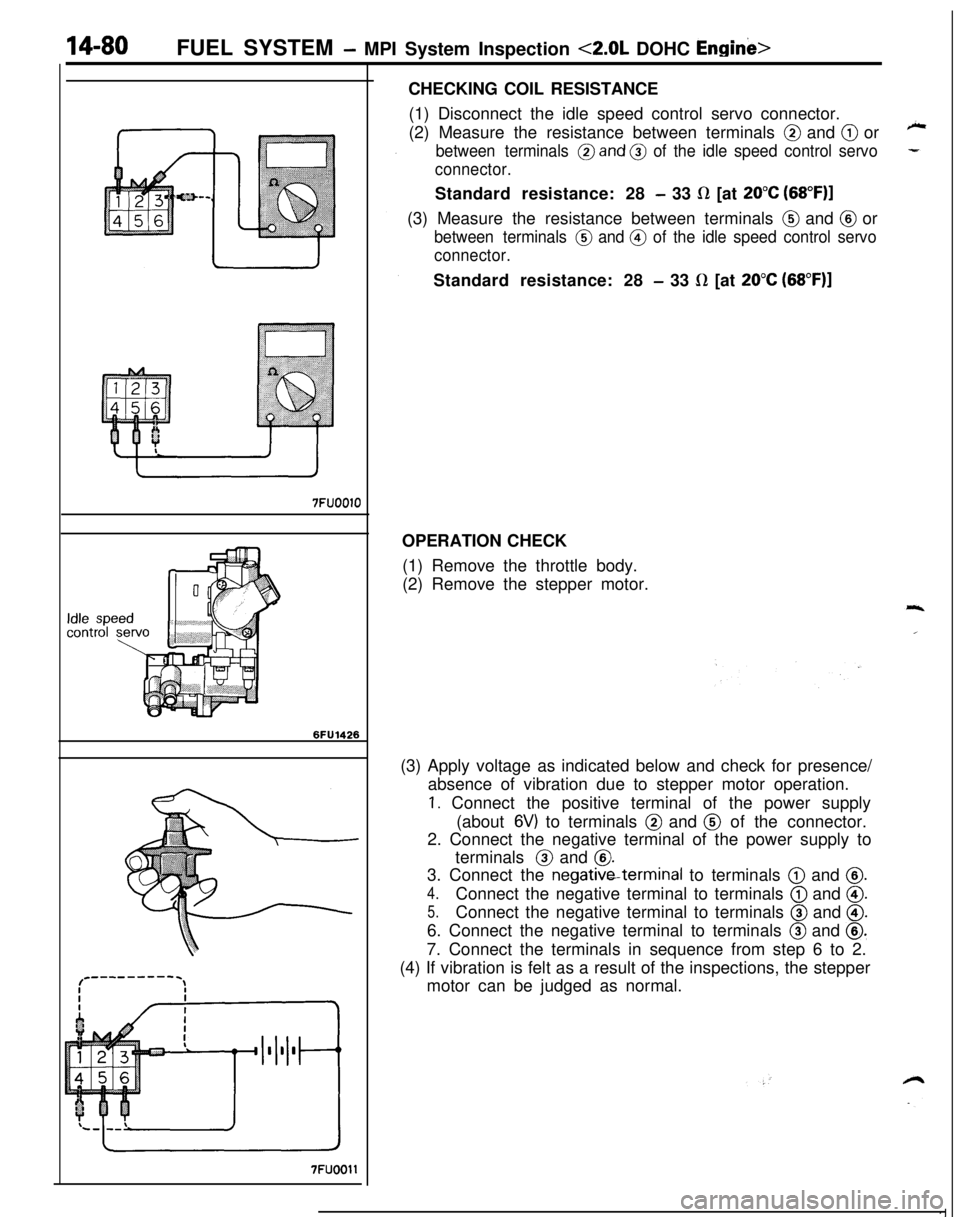 MITSUBISHI ECLIPSE 1991 Workshop Manual 14-80FUEL SYSTEM - MPI System Inspection <2.0L DOHC Enginh
7FUOOlO6FU1426
7FUOOllCHECKING COIL RESISTANCE
(1) Disconnect the idle speed control servo connector.
(2) Measure the resistance between term MITSUBISHI ECLIPSE 1991 Workshop Manual 14-80FUEL SYSTEM - MPI System Inspection <2.0L DOHC Enginh
7FUOOlO6FU1426
7FUOOllCHECKING COIL RESISTANCE
(1) Disconnect the idle speed control servo connector.
(2) Measure the resistance between term