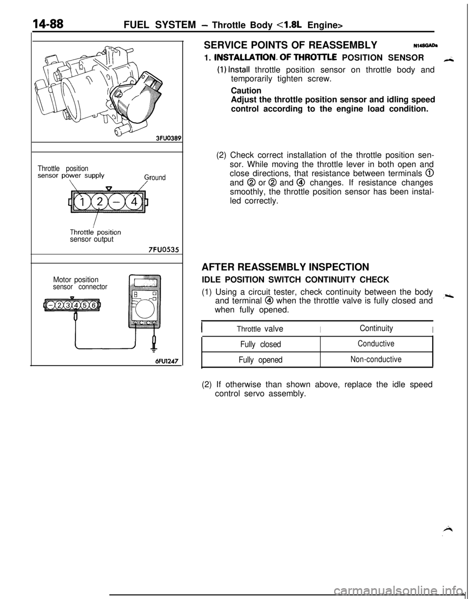 MITSUBISHI ECLIPSE 1991 Service Manual 14-88FUEL SYSTEM - Throttle Body 4.8L Engine>
,
Throttle position
round
sensor output
7FUO535
Motor positionsensor connector
6FU1247SERVICE POINTS OF REASSEMBLYN14SGADa
1. INSTALLATlON.OF THROlTLE POS MITSUBISHI ECLIPSE 1991 Service Manual 14-88FUEL SYSTEM - Throttle Body 4.8L Engine>
,
Throttle position
round
sensor output
7FUO535
Motor positionsensor connector
6FU1247SERVICE POINTS OF REASSEMBLYN14SGADa
1. INSTALLATlON.OF THROlTLE POS