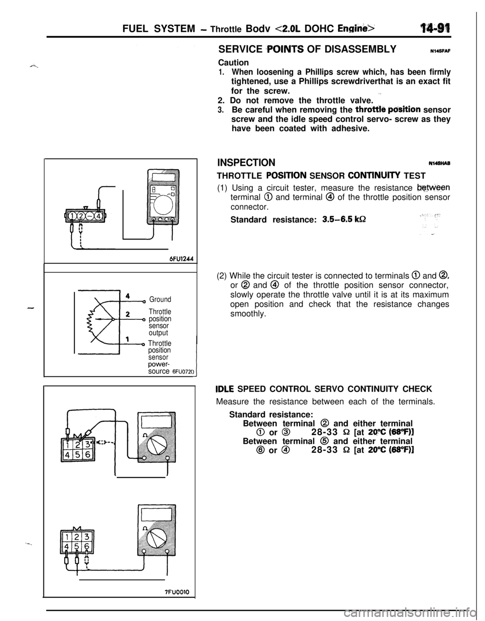 MITSUBISHI ECLIPSE 1991  Service Manual FUEL SYSTEM - Throttle Bodv <2.0L DOHC Erwini+
i
6FU1244
Ground
Throttle
position
sensor
output
Throttle
position
sensorpower-source 6FUO7X
7FUOOlO
ISERVICE 
~POINTS OF DISASSEMBLYNl4SFAF
Caution
1.Wh