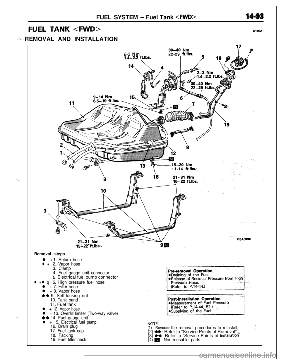 MITSUBISHI ECLIPSE 1991 Service Manual FUEL SYSTEM - Fuel Tank <WD>
FUEL TANK cFWD>
,*. REMOVAL AND INSTALLATION
q?&g
NlMA-30-40 Nm
2-3 Nm22-29 ft.lbs.
---15-20 Nm
11-14 ft.lbs.
15-22 ft.lbs.Removal steps
l + 1. Return hosel +2. Vapor hose MITSUBISHI ECLIPSE 1991 Service Manual FUEL SYSTEM - Fuel Tank <WD>
FUEL TANK cFWD>
,*. REMOVAL AND INSTALLATION
q?&g
NlMA-30-40 Nm
2-3 Nm22-29 ft.lbs.
---15-20 Nm
11-14 ft.lbs.
15-22 ft.lbs.Removal steps
l + 1. Return hosel +2. Vapor hose