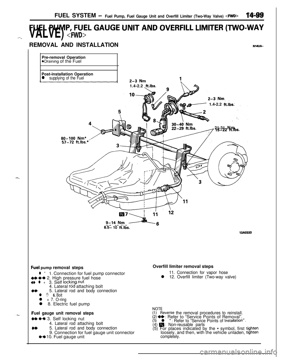 MITSUBISHI ECLIPSE 1991 Service Manual FUEL SYSTEM -Fuel Pump, Fuel Gauge Unit and Overfill Limiter (Two-Way Valve) <FWD>p&&g
FUEL PUMP, FUEL GAUGE UNIT AND OVERFILL LIMITER (TWO-WAY
J-.VALVE) <FWD>REMOVAL AND INSTALLATION
NWJA-Pre-removal MITSUBISHI ECLIPSE 1991 Service Manual FUEL SYSTEM -Fuel Pump, Fuel Gauge Unit and Overfill Limiter (Two-Way Valve) <FWD>p&&g
FUEL PUMP, FUEL GAUGE UNIT AND OVERFILL LIMITER (TWO-WAY
J-.VALVE) <FWD>REMOVAL AND INSTALLATION
NWJA-Pre-removal