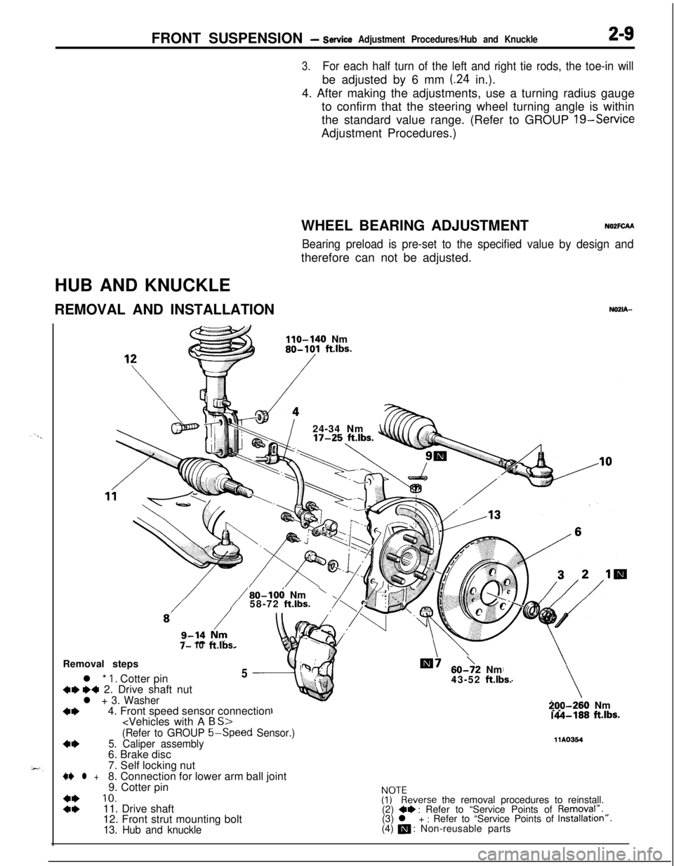 MITSUBISHI ECLIPSE 1991 Service Manual FRONT SUSPENSION - service Adjustment Procedures/Hub and Knuckle2-9
3.For each half turn of the left and right tie rods, the toe-in willbe adjusted by 6 mm
(24 in.).
4. After making the adjustments, MITSUBISHI ECLIPSE 1991 Service Manual FRONT SUSPENSION - service Adjustment Procedures/Hub and Knuckle2-9
3.For each half turn of the left and right tie rods, the toe-in willbe adjusted by 6 mm
(24 in.).
4. After making the adjustments,