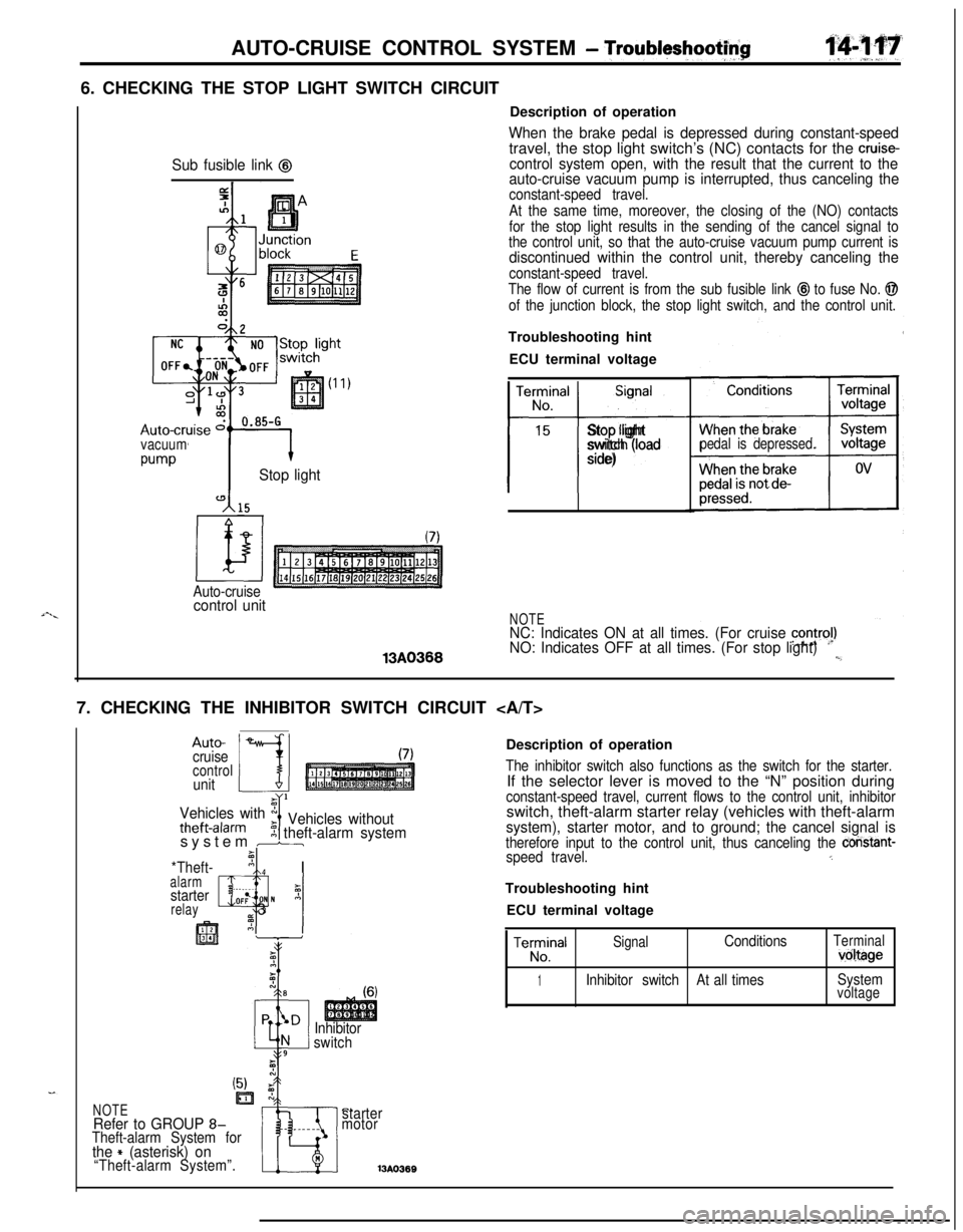 MITSUBISHI ECLIPSE 1991 User Guide i-._AUTO-CRUISE CONTROL SYSTEM
- Troubltyshootf$6. CHECKING THE STOP LIGHT SWITCH CIRCUIT
Sub fusible link @
vacuum
w-vStop light
Auto-cruisecontrol unit13A0366Description of operation
When the brake MITSUBISHI ECLIPSE 1991 User Guide i-._AUTO-CRUISE CONTROL SYSTEM
- Troubltyshootf$6. CHECKING THE STOP LIGHT SWITCH CIRCUIT
Sub fusible link @
vacuum
w-vStop light
Auto-cruisecontrol unit13A0366Description of operation
When the brake