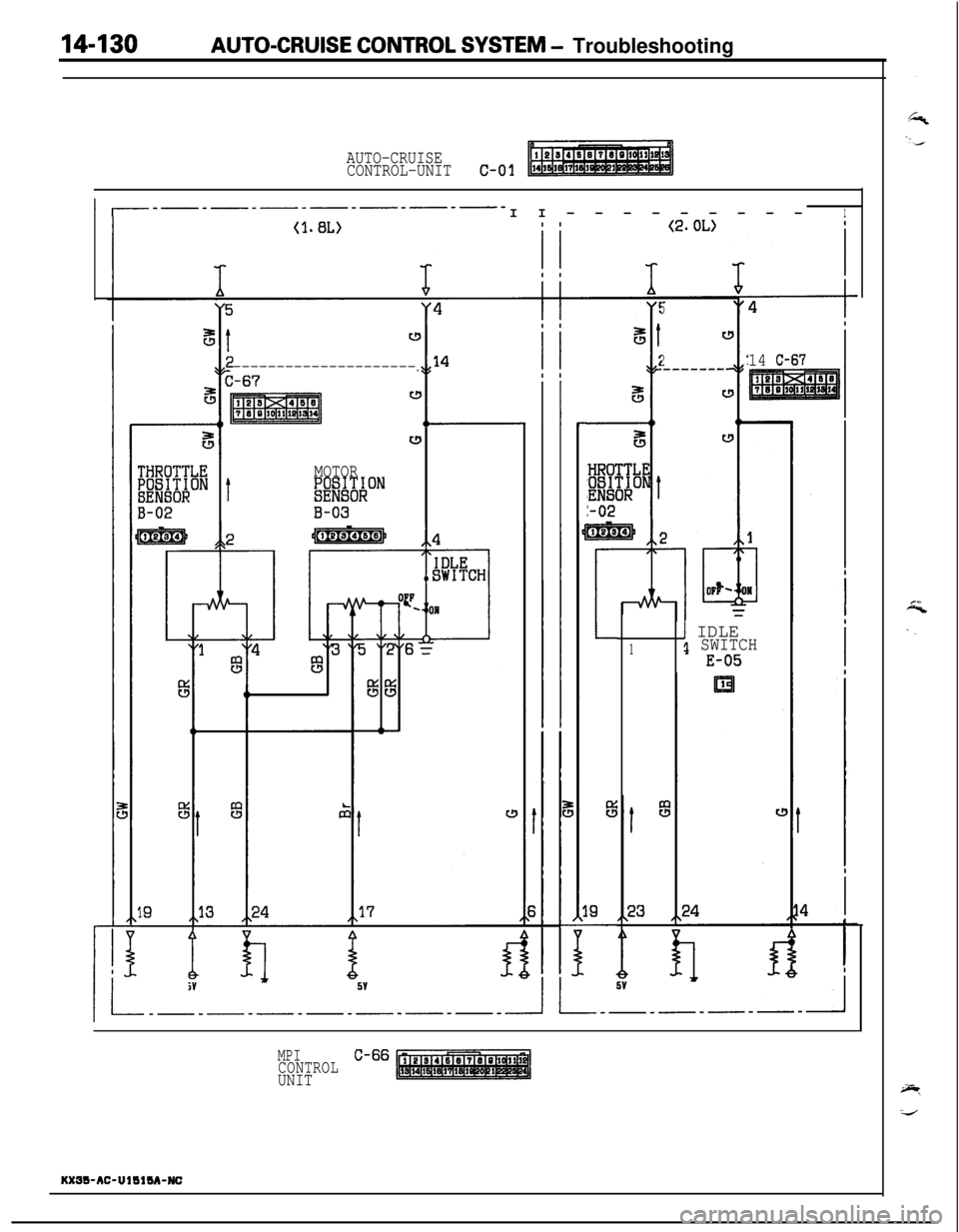 MITSUBISHI ECLIPSE 1991 Owners Guide 14-130AUTO-CRUISE CONTROL SYSTEM - Troubleshooting
AUTO-CRUISE
CONTROL-UNITc-01
1 I_-_-_-_-_-_-__II---------lI
i
t
---------------------C-67s
I I
I II I
%Ic!Y
MOTOR;iWO;;ON
B-03
5
8t
2
i
r!
__------
MITSUBISHI ECLIPSE 1991 Owners Guide 14-130AUTO-CRUISE CONTROL SYSTEM - Troubleshooting
AUTO-CRUISE
CONTROL-UNITc-01
1 I_-_-_-_-_-_-__II---------lI
i
t
---------------------C-67s
I I
I II I
%Ic!Y
MOTOR;iWO;;ON
B-03
5
8t
2
i
r!
__------