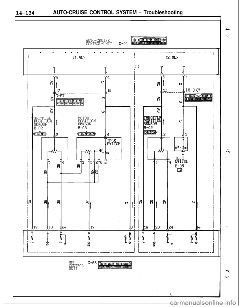 MITSUBISHI ECLIPSE 1991 Owners Guide 14-134AUTO-CRUISE CONTROL SYSTEM - Troubleshooting
AUTO-CRUISE
CONTROL-UNITc-01I-----_-_---..------
II------ -----1
(l.BL)(2.0L)1
‘6
I II I
‘h‘s
Y5Y4
"
54
5Iw
I I
1218 C-67_------
eww
16
-L
w
w
MITSUBISHI ECLIPSE 1991 Owners Guide 14-134AUTO-CRUISE CONTROL SYSTEM - Troubleshooting
AUTO-CRUISE
CONTROL-UNITc-01I-----_-_---..------
II------ -----1
(l.BL)(2.0L)1
‘6
I II I
‘h‘s
Y5Y4
"
54
5Iw
I I
1218 C-67_------
eww
16
-L
w
w