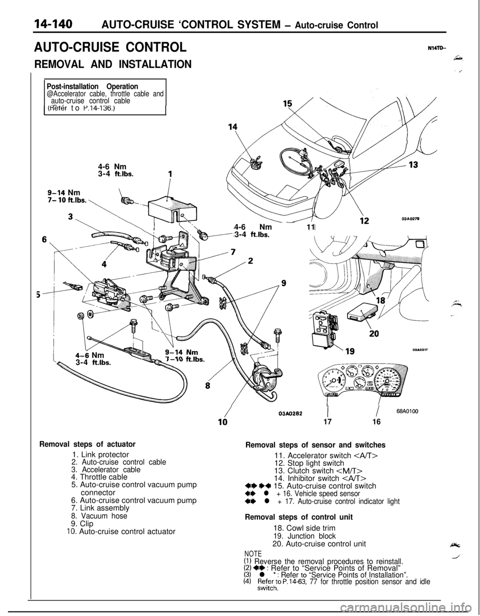 MITSUBISHI ECLIPSE 1991 Service Manual 14-140AUTO-CRUISE ‘CONTROL SYSTEM - Auto-cruise Control
AUTO-CRUISE CONTROLN14TLL
REMOVAL AND INSTALLATION
Post-installation Operation@Accelerator cable, throttle cable andauto-cruise control cableI MITSUBISHI ECLIPSE 1991 Service Manual 14-140AUTO-CRUISE ‘CONTROL SYSTEM - Auto-cruise Control
AUTO-CRUISE CONTROLN14TLL
REMOVAL AND INSTALLATION
Post-installation Operation@Accelerator cable, throttle cable andauto-cruise control cableI