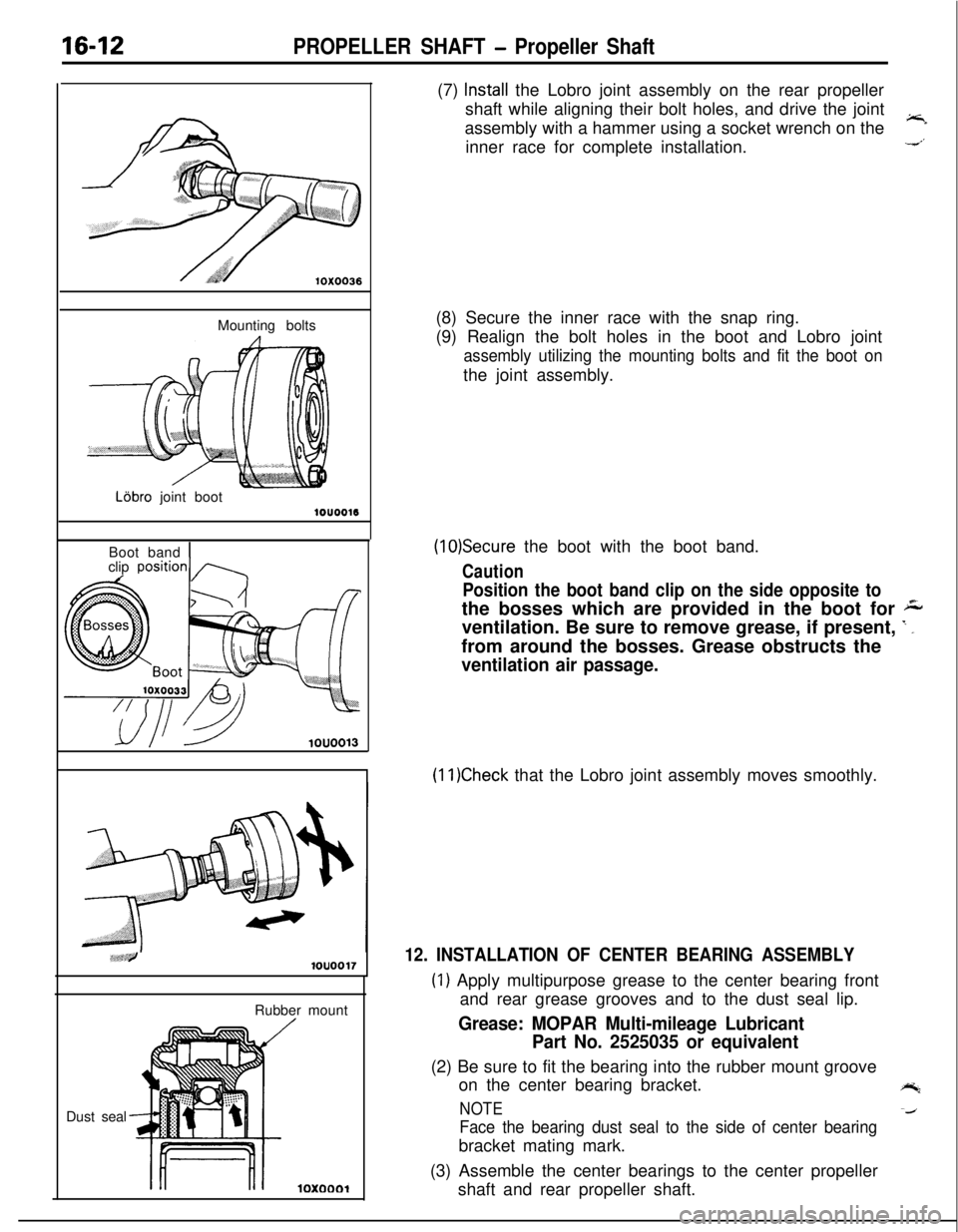 MITSUBISHI ECLIPSE 1991 Workshop Manual 16-12PROPELLER SHAFT - Propeller Shaft
10X0036Mounting boltsLijbro joint bootlOUOO16
clip
position1 ABoot band 1
.:,q,,<P#1ouoo17Dust sealRubber mount
/
-
10x0001(7)
Install the Lobro joint assembly MITSUBISHI ECLIPSE 1991 Workshop Manual 16-12PROPELLER SHAFT - Propeller Shaft
10X0036Mounting boltsLijbro joint bootlOUOO16
clip
position1 ABoot band 1
.:,q,,<P#1ouoo17Dust sealRubber mount
/
-
10x0001(7)
Install the Lobro joint assembly