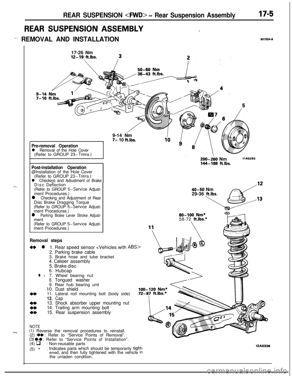 MITSUBISHI ECLIPSE 1991 Workshop Manual REAR SUSPENSION <FWD> - Rear Suspension Assembly17-5
REAR SUSPENSION ASSEMBLYu
-%. REMOVAL AND INSTALLATIONN17GAA
---i
--..17-26 Nm12-19
ft.lbs.9-14 Nm
7- 10 ft.lbs.
Pre-removal Operationl Removal of MITSUBISHI ECLIPSE 1991 Workshop Manual REAR SUSPENSION <FWD> - Rear Suspension Assembly17-5
REAR SUSPENSION ASSEMBLYu
-%. REMOVAL AND INSTALLATIONN17GAA
---i
--..17-26 Nm12-19
ft.lbs.9-14 Nm
7- 10 ft.lbs.
Pre-removal Operationl Removal of