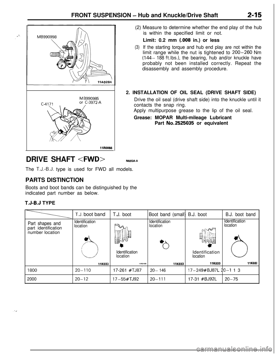 MITSUBISHI ECLIPSE 1991 Service Manual FRONT SUSPENSION - Hub and Knuckle/Drive Shaft245
M B990985
llR0066
DRIVE SHAFT <FWD>NOPClA-A(2) Measure to determine whether the end play of the hub
is within the specified limit or not.
Limit: 0.2 m MITSUBISHI ECLIPSE 1991 Service Manual FRONT SUSPENSION - Hub and Knuckle/Drive Shaft245
M B990985
llR0066
DRIVE SHAFT <FWD>NOPClA-A(2) Measure to determine whether the end play of the hub
is within the specified limit or not.
Limit: 0.2 m