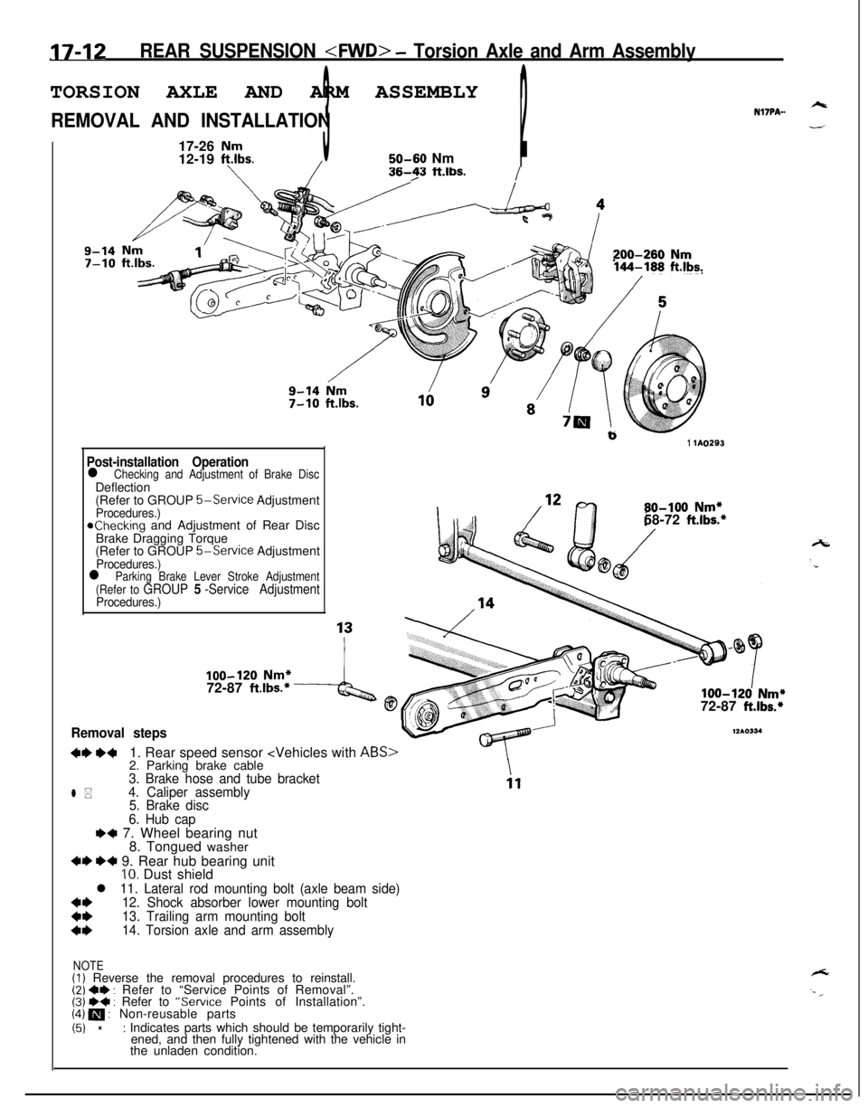 MITSUBISHI ECLIPSE 1991 Workshop Manual 17-12REAR SUSPENSION <FWD> - Torsion Axle and Arm AssemblyTORSION AXLE AND ARM ASSEMBLY
REMOVAL AND INSTALLATIONNl’IPA-.
17-26
Nm12-19 ft.lbs.350-60 Nm2/I
/36-23 ft.lbs./
Nm1’200-260 Nm144-188 ft MITSUBISHI ECLIPSE 1991 Workshop Manual 17-12REAR SUSPENSION <FWD> - Torsion Axle and Arm AssemblyTORSION AXLE AND ARM ASSEMBLY
REMOVAL AND INSTALLATIONNl’IPA-.
17-26
Nm12-19 ft.lbs.350-60 Nm2/I
/36-23 ft.lbs./
Nm1’200-260 Nm144-188 ft