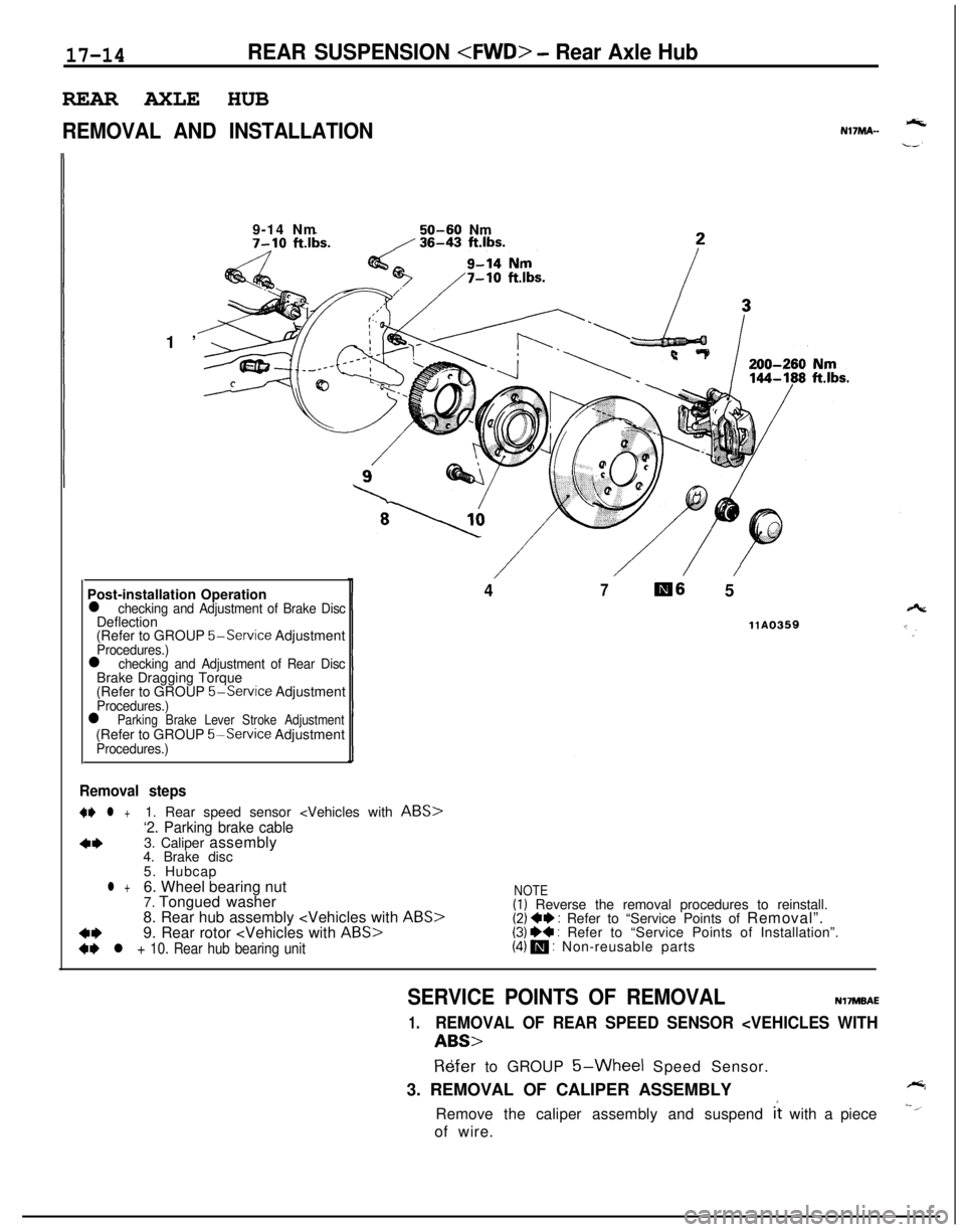 MITSUBISHI ECLIPSE 1991 Workshop Manual 17-14REAR SUSPENSION <FWD> - Rear Axle HubREAR AXLE HUB
REMOVAL AND INSTALLATIONNl’IMA--1’9-14 Nm
50-60 Nm
Post-installation Operation
l checking and Adjustment of Brake DiscDeflection
(Refer to G MITSUBISHI ECLIPSE 1991 Workshop Manual 17-14REAR SUSPENSION <FWD> - Rear Axle HubREAR AXLE HUB
REMOVAL AND INSTALLATIONNl’IMA--1’9-14 Nm
50-60 Nm
Post-installation Operation
l checking and Adjustment of Brake DiscDeflection
(Refer to G