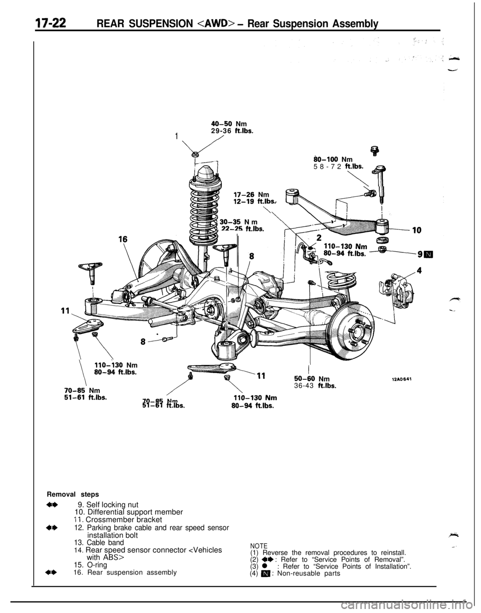 MITSUBISHI ECLIPSE 1991 Workshop Manual 17-22REAR SUSPENSION <AWD> - Rear Suspension Assembly
40-50 Nm
129-36 ft.lbs./
80-100 Nm
58-72 fiq T
i) 30-35 Nm,22-25 ftlbs.-- -- .-._--.I
17-26 Nm
t
12-19 ft.lbs.\
\
llO-i30 Nm80-94 ft.lbs.
70-85’ MITSUBISHI ECLIPSE 1991 Workshop Manual 17-22REAR SUSPENSION <AWD> - Rear Suspension Assembly
40-50 Nm
129-36 ft.lbs./
80-100 Nm
58-72 fiq T
i) 30-35 Nm,22-25 ftlbs.-- -- .-._--.I
17-26 Nm
t
12-19 ft.lbs.\
\
llO-i30 Nm80-94 ft.lbs.
70-85’