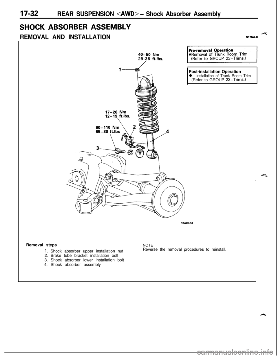 MITSUBISHI ECLIPSE 1991  Service Manual 17-32REAR SUSPENSION <AWD> - Shock Absorber Assembly
SHOCK ABSORBER ASSEMBLY
REMOVAL AND INSTALLATION+4zNI’INA-B
40-50 Nm
29-36 ft.lbs.
/
12AO303Post-installation Operation
l installation of Trunk R