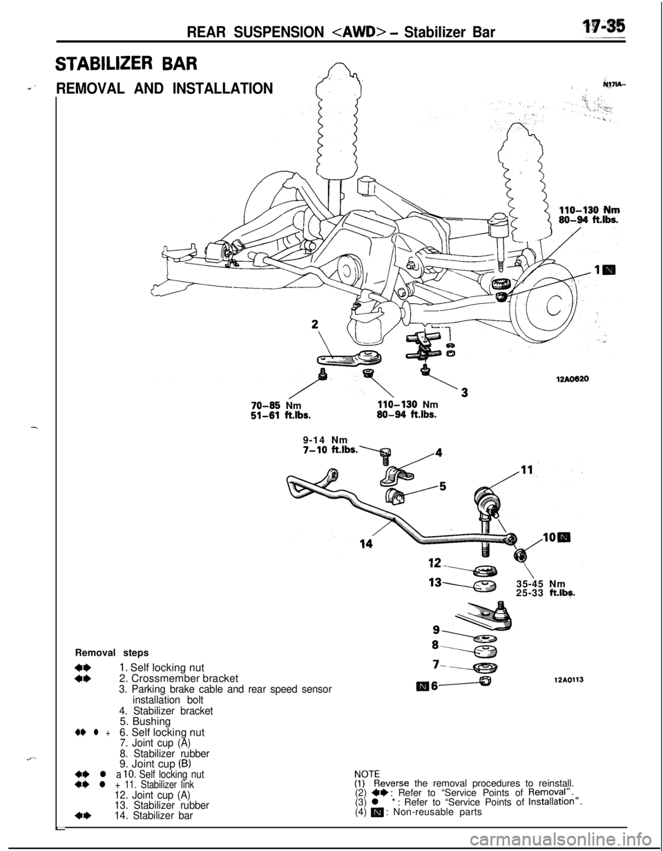 MITSUBISHI ECLIPSE 1991 Workshop Manual -.
J-
REAR SUSPENSION <AWD> - Stabilizer Bar
STABILIZER BAR:_-REMOVAL AND INSTALLATION/rq7lA-i.i;: 112AO620
70-85 Nm110-130 Nm51-81 ft.lbs.80-94 ftlbs.9-14 Nm
7-10 ft.lbs./4
IL-v \
‘3w35-45 Nm
25-33 MITSUBISHI ECLIPSE 1991 Workshop Manual -.
J-
REAR SUSPENSION <AWD> - Stabilizer Bar
STABILIZER BAR:_-REMOVAL AND INSTALLATION/rq7lA-i.i;: 112AO620
70-85 Nm110-130 Nm51-81 ft.lbs.80-94 ftlbs.9-14 Nm
7-10 ft.lbs./4
IL-v \
‘3w35-45 Nm
25-33