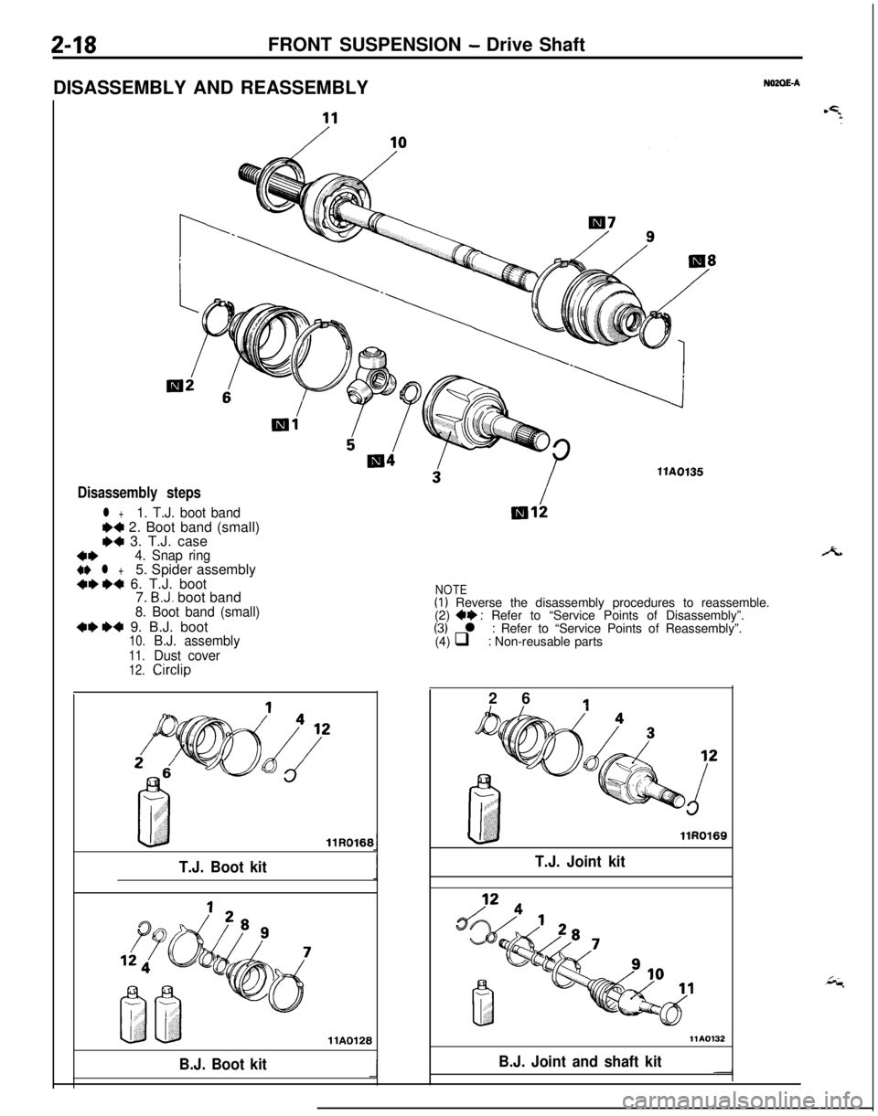MITSUBISHI ECLIPSE 1991 Service Manual Z-18FRONT SUSPENSION - Drive Shaft
DISASSEMBLY AND REASSEMBLY
NOZOE-A
Disassembly steps
l +1. T.J. boot band
W 2. Boot band (small)e4 3. T.J. case
4*4. Snap ring
4I) l +5. Spider assembly4ee4 6. T.J. MITSUBISHI ECLIPSE 1991 Service Manual Z-18FRONT SUSPENSION - Drive Shaft
DISASSEMBLY AND REASSEMBLY
NOZOE-A
Disassembly steps
l +1. T.J. boot band
W 2. Boot band (small)e4 3. T.J. case
4*4. Snap ring
4I) l +5. Spider assembly4ee4 6. T.J.