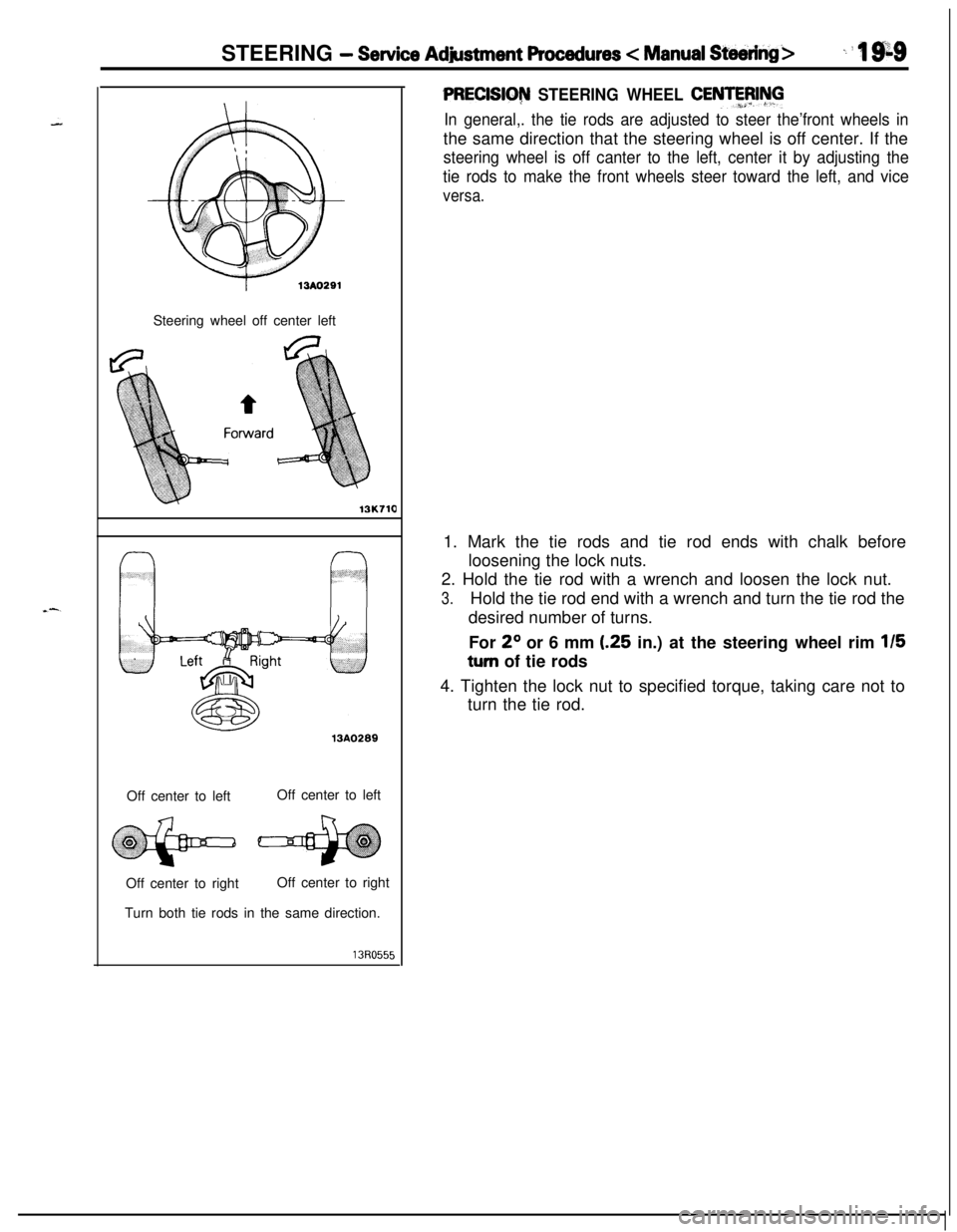 MITSUBISHI ECLIPSE 1991 Owners Manual STEERING - Service Adjustment Procedures < Manual Steering>_ i ‘I 9;sSteering wheel off center left
13K71013A0289
Off center to leftOff center to left
Off center to rightOff center to right
Turn bot MITSUBISHI ECLIPSE 1991 Owners Manual STEERING - Service Adjustment Procedures < Manual Steering>_ i ‘I 9;sSteering wheel off center left
13K71013A0289
Off center to leftOff center to left
Off center to rightOff center to right
Turn bot