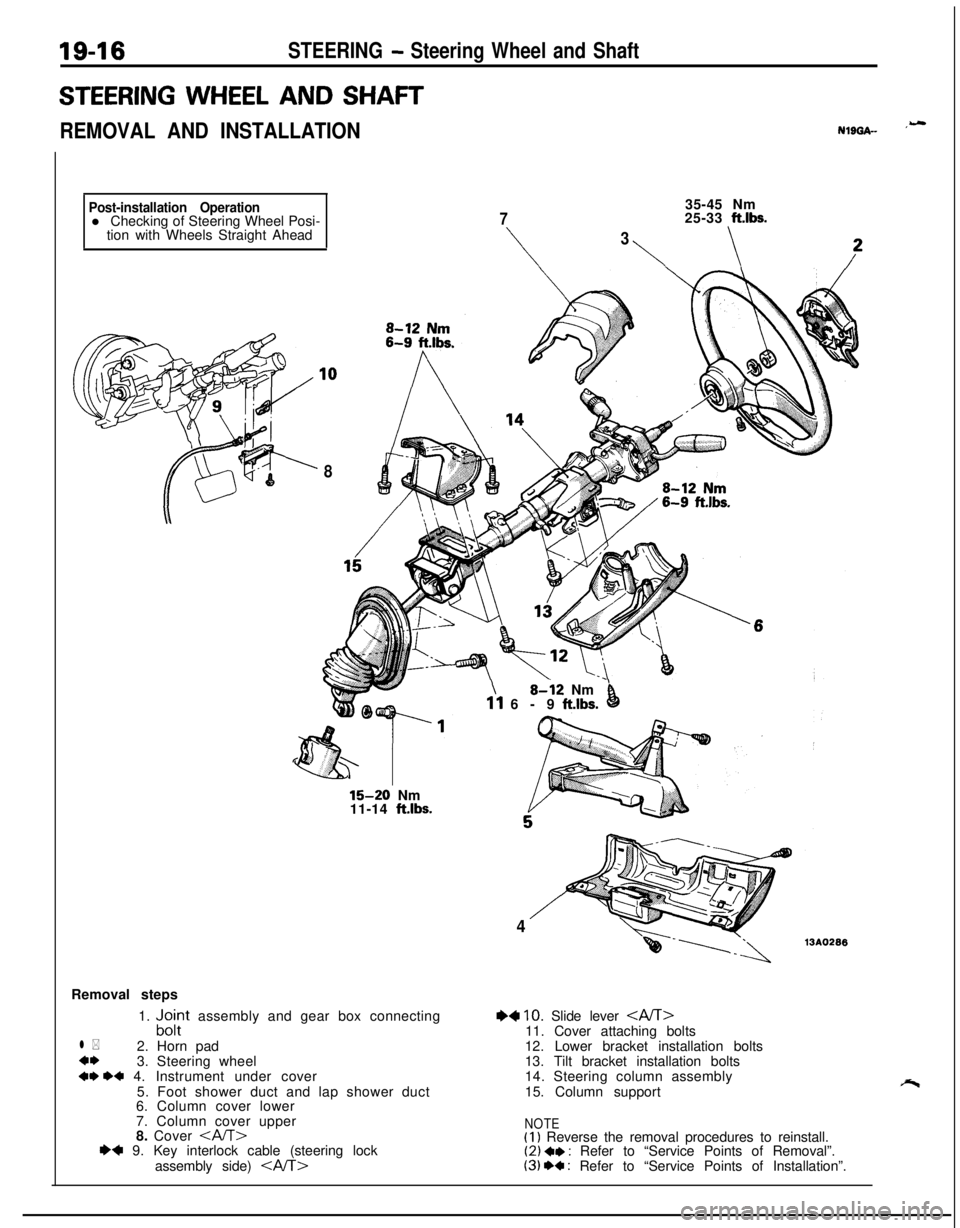 MITSUBISHI ECLIPSE 1991 User Guide 19-16STEERING - Steering Wheel and Shaft
STEERING WHEEL AND SHAFT
REMOVAL AND INSTALLATIONNlL)GA- ‘-
Post-installation Operationl Checking of Steering Wheel Posi-
tion with Wheels Straight Ahead
835 MITSUBISHI ECLIPSE 1991 User Guide 19-16STEERING - Steering Wheel and Shaft
STEERING WHEEL AND SHAFT
REMOVAL AND INSTALLATIONNlL)GA- ‘-
Post-installation Operationl Checking of Steering Wheel Posi-
tion with Wheels Straight Ahead
835