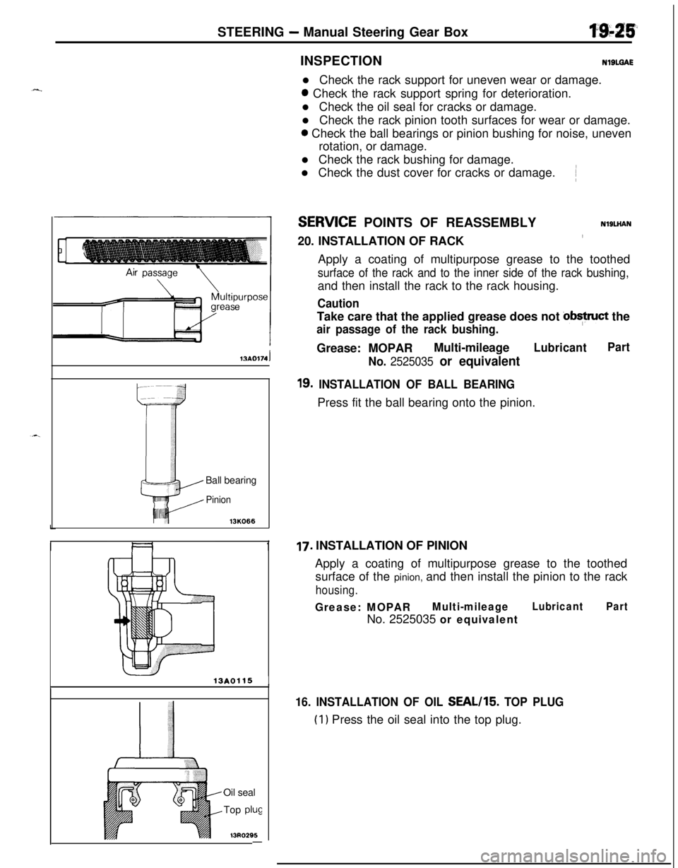 MITSUBISHI ECLIPSE 1991 Owners Manual STEERING - Manual Steering Gear Box13AO174
IBall bearing
Pinion
13KO66
113A0115
1Oil seal
Top
plug
T,,,”13R0295-INSPECTION
NlBLGAEl Check the rack support for uneven wear or damage.0 Check the rac MITSUBISHI ECLIPSE 1991 Owners Manual STEERING - Manual Steering Gear Box13AO174
IBall bearing
Pinion
13KO66
113A0115
1Oil seal
Top
plug
T,,,”13R0295-INSPECTION
NlBLGAEl Check the rack support for uneven wear or damage.0 Check the rac
