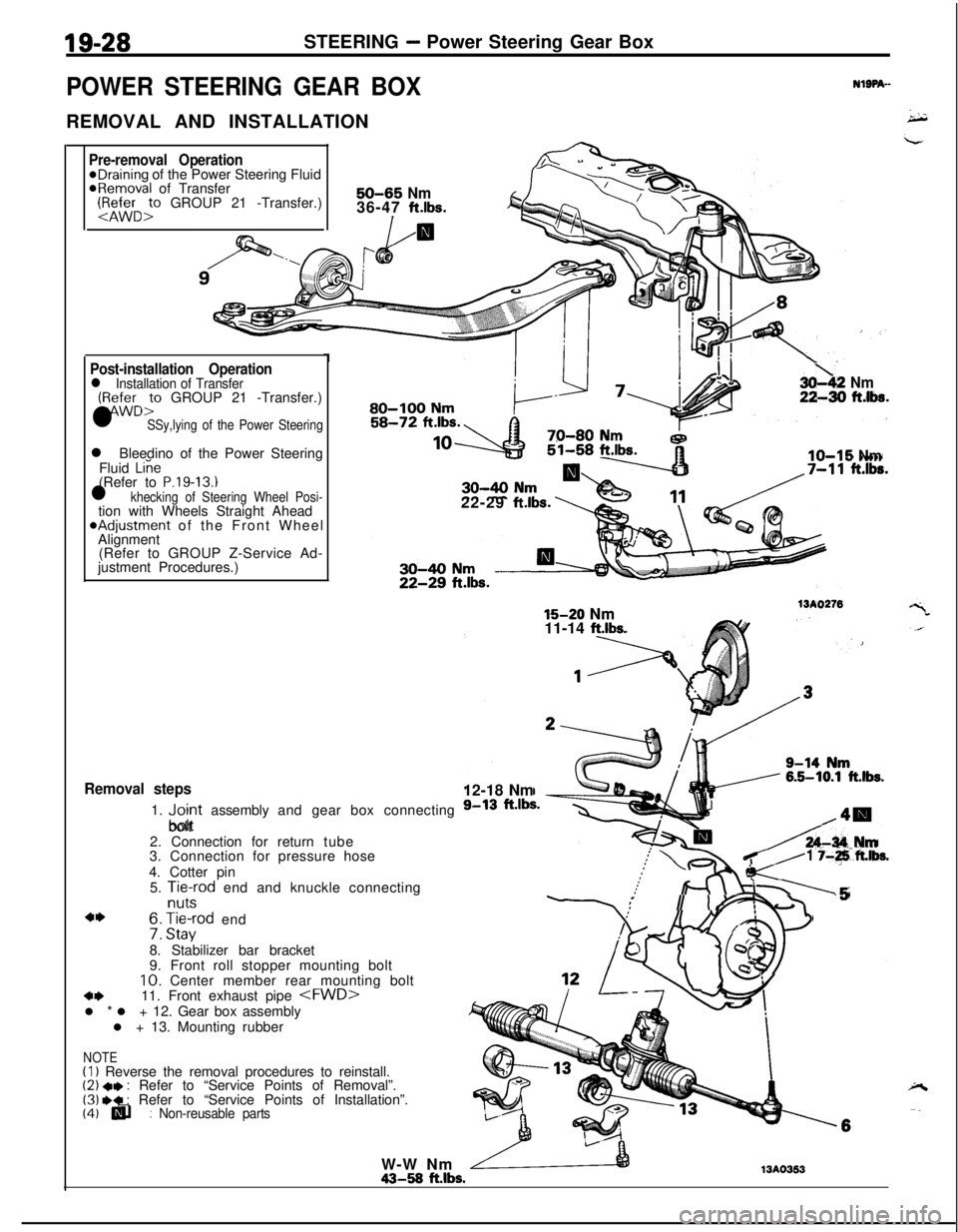 MITSUBISHI ECLIPSE 1991 Owners Manual 19-28STEERING - Power Steering Gear Box
POWER STEERING GEAR BOXREMOVAL AND INSTALLATION
-
NlSPA--
Pre-removal Operation@Draining of the Power Steering Fluid@Removal of Transfer:1&&r:, GROUP 21 -Transf MITSUBISHI ECLIPSE 1991 Owners Manual 19-28STEERING - Power Steering Gear Box
POWER STEERING GEAR BOXREMOVAL AND INSTALLATION
-
NlSPA--
Pre-removal Operation@Draining of the Power Steering Fluid@Removal of Transfer:1&&r:, GROUP 21 -Transf