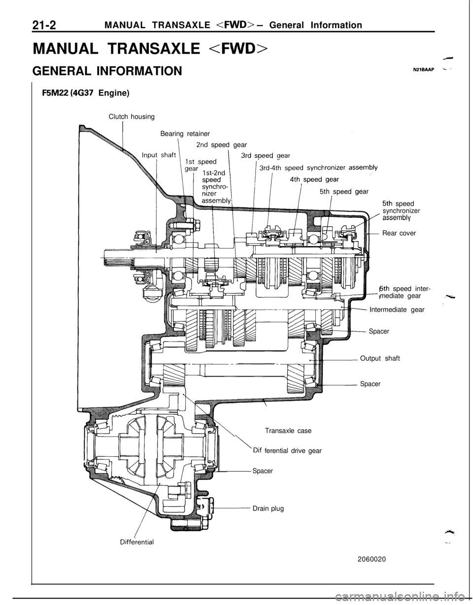 MITSUBISHI ECLIPSE 1991 Service Manual 21-2MANUAL TRANSAXLE <FWD> - General Information
MANUAL TRANSAXLE
<FWD>GENERAL INFORMATION
NZlBAAP
F5M22 (4637 Engine)
Clutch housing
Bearing retainer
2nd speed gear
3rd soeedaear
5th speedsynchroniz MITSUBISHI ECLIPSE 1991 Service Manual 21-2MANUAL TRANSAXLE <FWD> - General Information
MANUAL TRANSAXLE
<FWD>GENERAL INFORMATION
NZlBAAP
F5M22 (4637 Engine)
Clutch housing
Bearing retainer
2nd speed gear
3rd soeedaear
5th speedsynchroniz