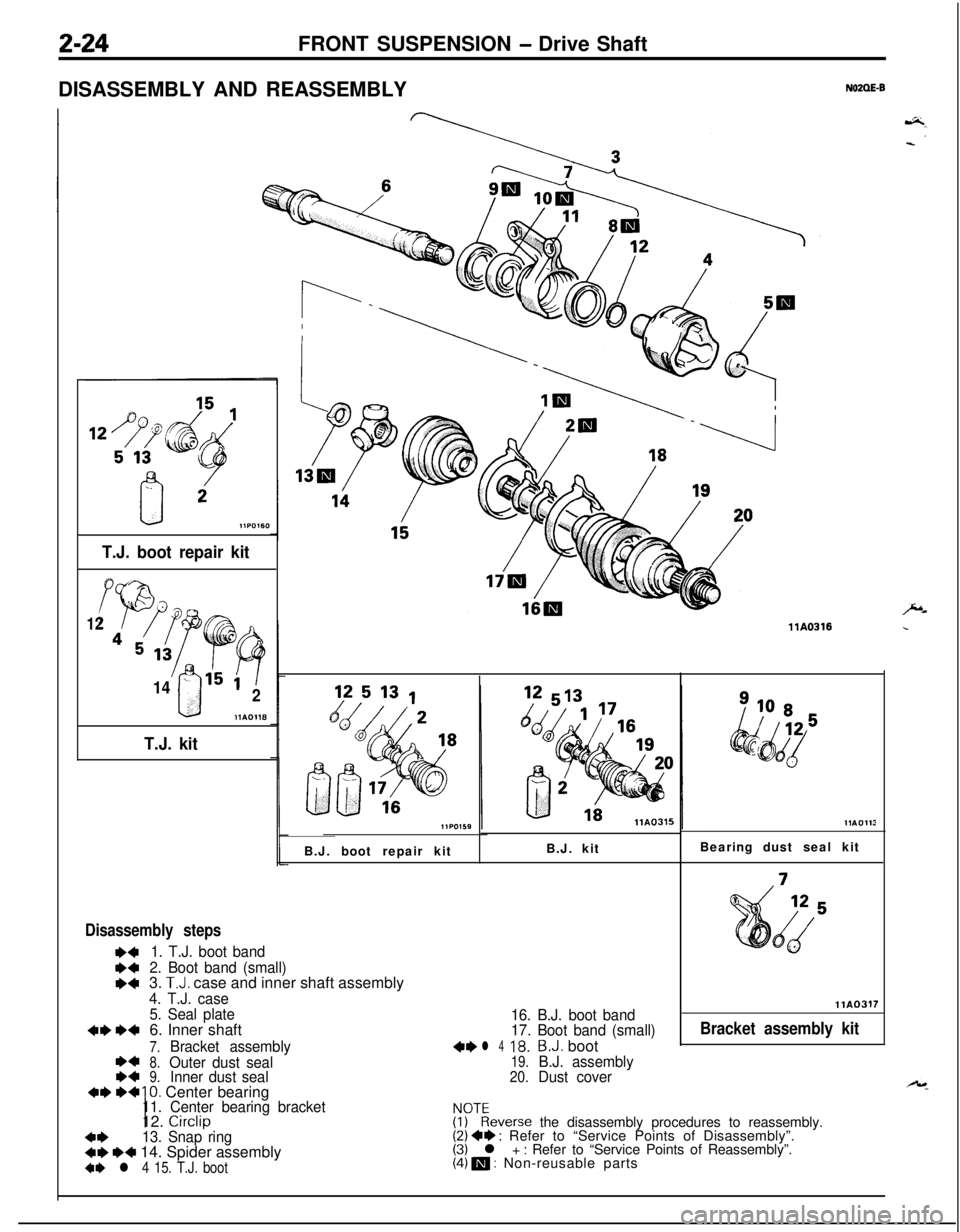 MITSUBISHI ECLIPSE 1991 Owners Guide 2-24FRONT SUSPENSION - Drive Shaft
DISASSEMBLY AND REASSEMBLY
NOZQE-B
T.J. boot repair kit
d-
‘Pr12
45,3 ;c
!F?
14- 151
0
92
11AOH8
T.J. kit
llA0316B.J. boot repair kitB.J. kit
Disassembly steps
1. MITSUBISHI ECLIPSE 1991 Owners Guide 2-24FRONT SUSPENSION - Drive Shaft
DISASSEMBLY AND REASSEMBLY
NOZQE-B
T.J. boot repair kit
d-
‘Pr12
45,3 ;c
!F?
14- 151
0
92
11AOH8
T.J. kit
llA0316B.J. boot repair kitB.J. kit
Disassembly steps
1.