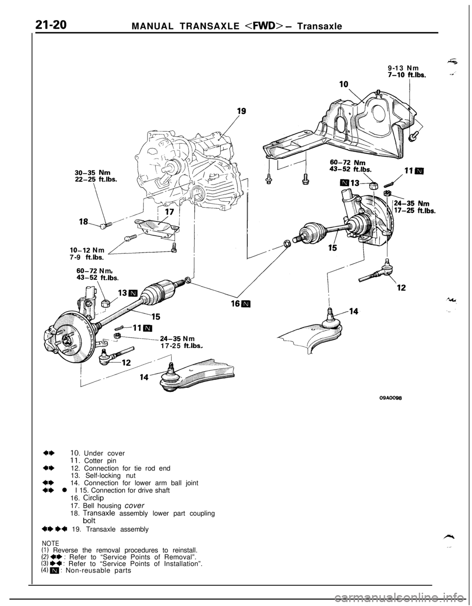 MITSUBISHI ECLIPSE 1991 Service Manual 21-20MANUAL TRANSAXLE <FWD> - Transaxle
9-13 Nm7-10
ftlbs.
I
30-35 Nm
IO-12 Nm Ld7-9 ft.lbs.
60-72 Nm
,!24-35 Nm
17-25 ft.lbs.
+I)IO. Under cover11. Cotter pin
+I)12. Connection for tie rod end
13. S MITSUBISHI ECLIPSE 1991 Service Manual 21-20MANUAL TRANSAXLE <FWD> - Transaxle
9-13 Nm7-10
ftlbs.
I
30-35 Nm
IO-12 Nm Ld7-9 ft.lbs.
60-72 Nm
,!24-35 Nm
17-25 ft.lbs.
+I)IO. Under cover11. Cotter pin
+I)12. Connection for tie rod end
13. S