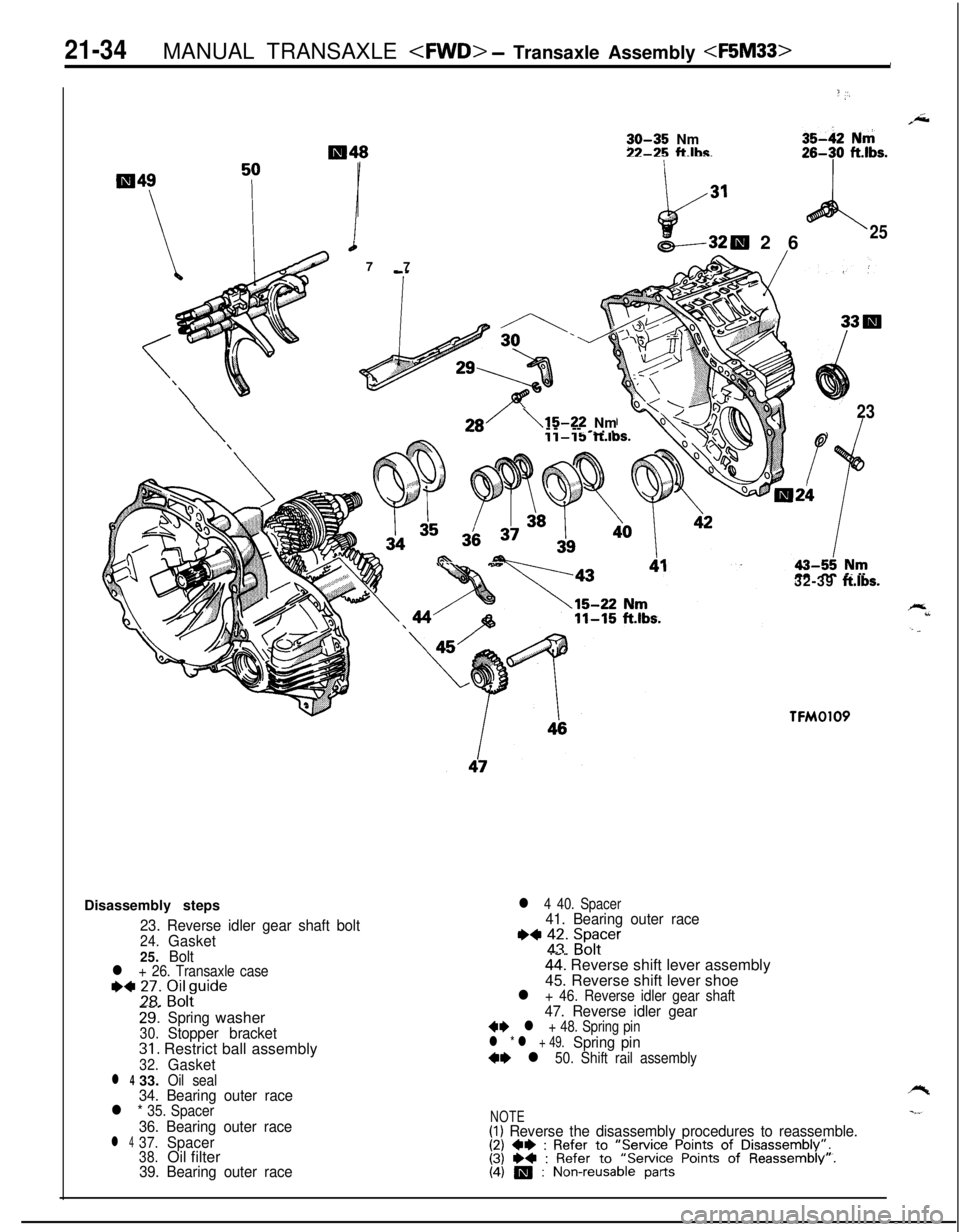 MITSUBISHI ECLIPSE 1991 Service Manual 21-34MANUAL TRANSAXLE <FWD> - Transaxle Assembly <F5M33>
? ,‘,
30-35 Nm77-25 fLlbs.35-42 Nni26-30 ftlbs.
25
APi 77
--2lRl 26
\\15-22 Nm
---- -_ . .23
II-15 lt.lDS.
I
..d.. -Disassembly steps
23. Rev MITSUBISHI ECLIPSE 1991 Service Manual 21-34MANUAL TRANSAXLE <FWD> - Transaxle Assembly <F5M33>
? ,‘,
30-35 Nm77-25 fLlbs.35-42 Nni26-30 ftlbs.
25
APi 77
--2lRl 26
\\15-22 Nm
---- -_ . .23
II-15 lt.lDS.
I
..d.. -Disassembly steps
23. Rev