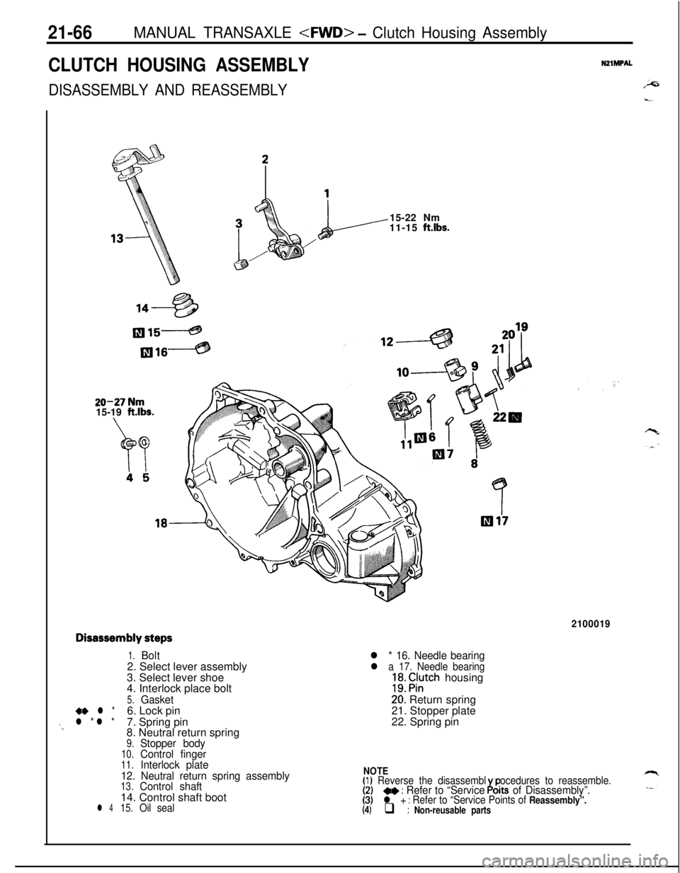 MITSUBISHI ECLIPSE 1991 Workshop Manual 21-66MANUAL TRANSAXLE <FWD> - Clutch Housing Assembly
CLUTCH HOUSING ASSEMBLYNZlMPAL
DISASSEMBLY AND REASSEMBLY
2=
-,_
1
L--15-22 Nm
11-15 ftlbs.
20-27 Nm15-19 ft.lbs.
Disassembly steps
1.Bolt2. Selec MITSUBISHI ECLIPSE 1991 Workshop Manual 21-66MANUAL TRANSAXLE <FWD> - Clutch Housing Assembly
CLUTCH HOUSING ASSEMBLYNZlMPAL
DISASSEMBLY AND REASSEMBLY
2=
-,_
1
L--15-22 Nm
11-15 ftlbs.
20-27 Nm15-19 ft.lbs.
Disassembly steps
1.Bolt2. Selec